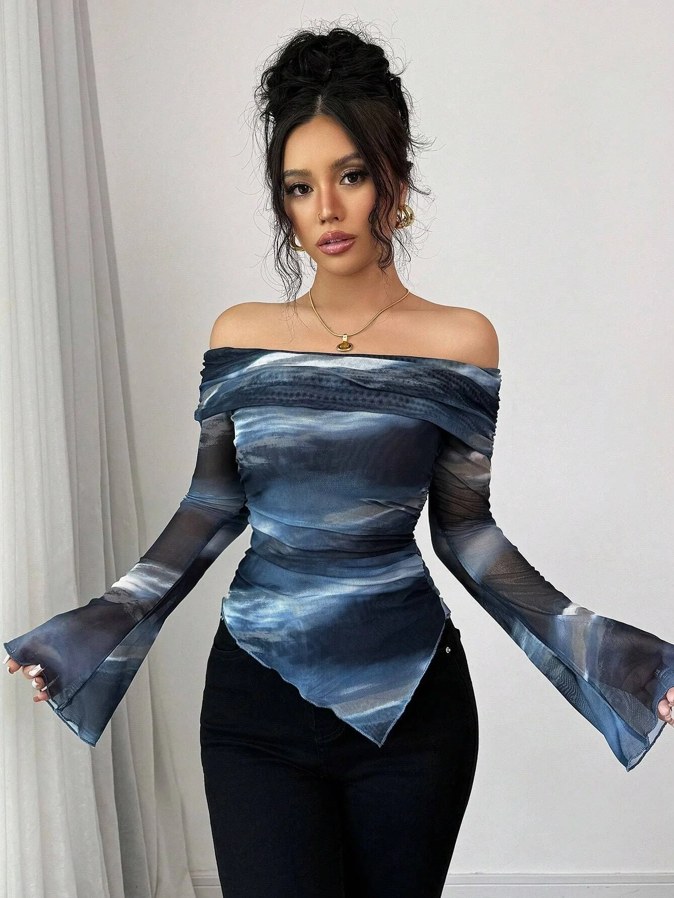 Blue Bell Sleeve Off Shoulder Asymmetrical Top - Image 3