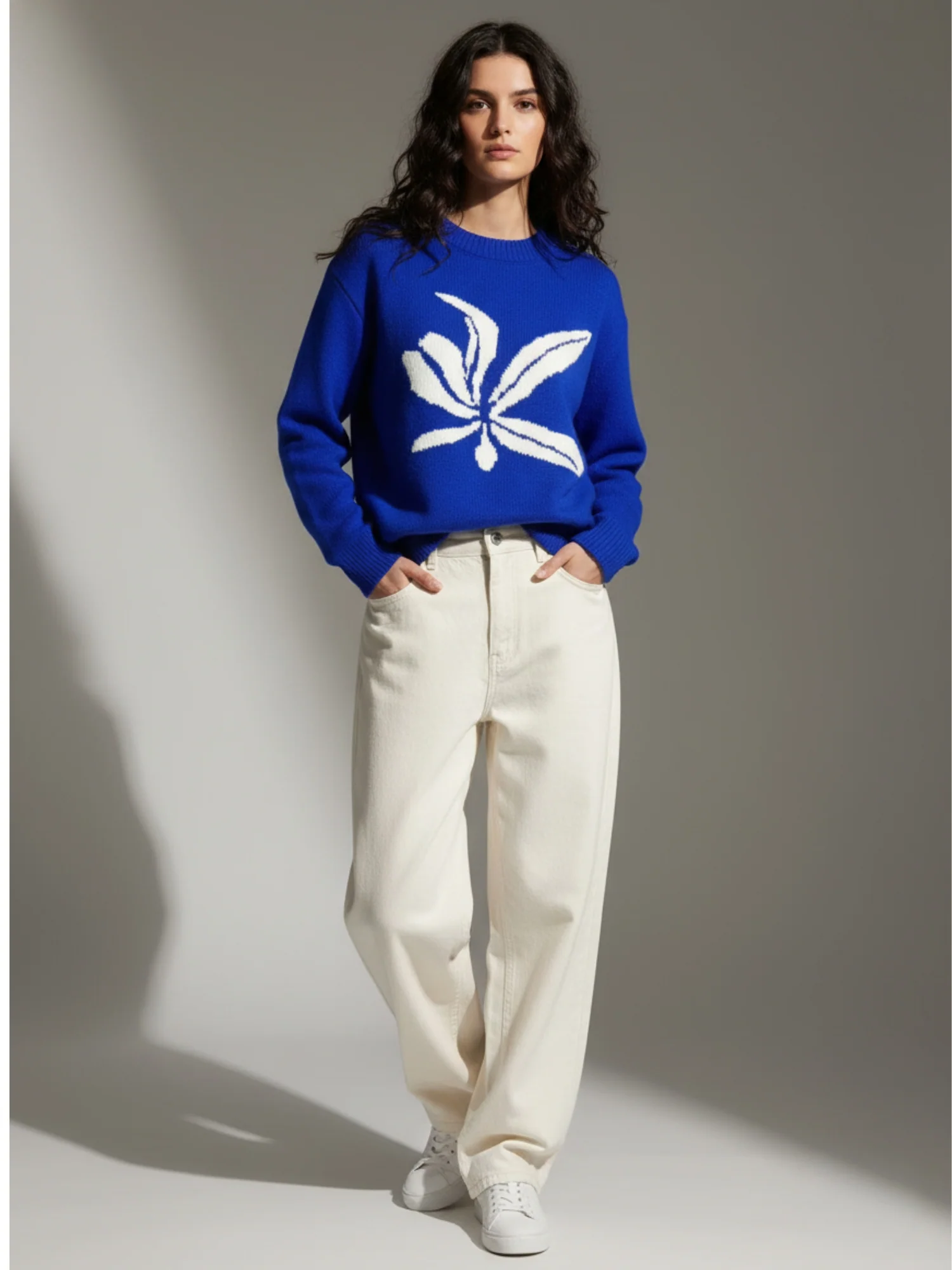 Blue Bold Flower Graphic Sweater - Image 2