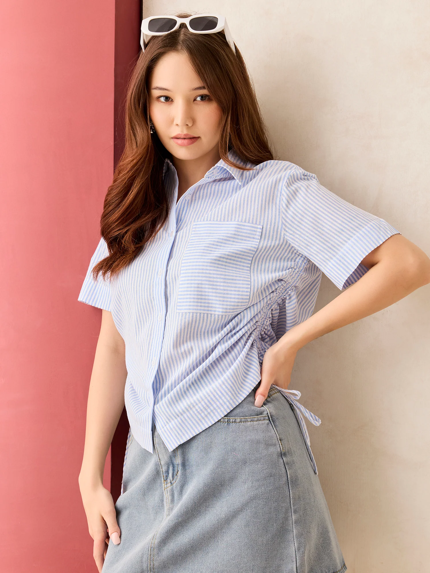 Blue Boxy Shirt With Side Ruching Detail - Image 3