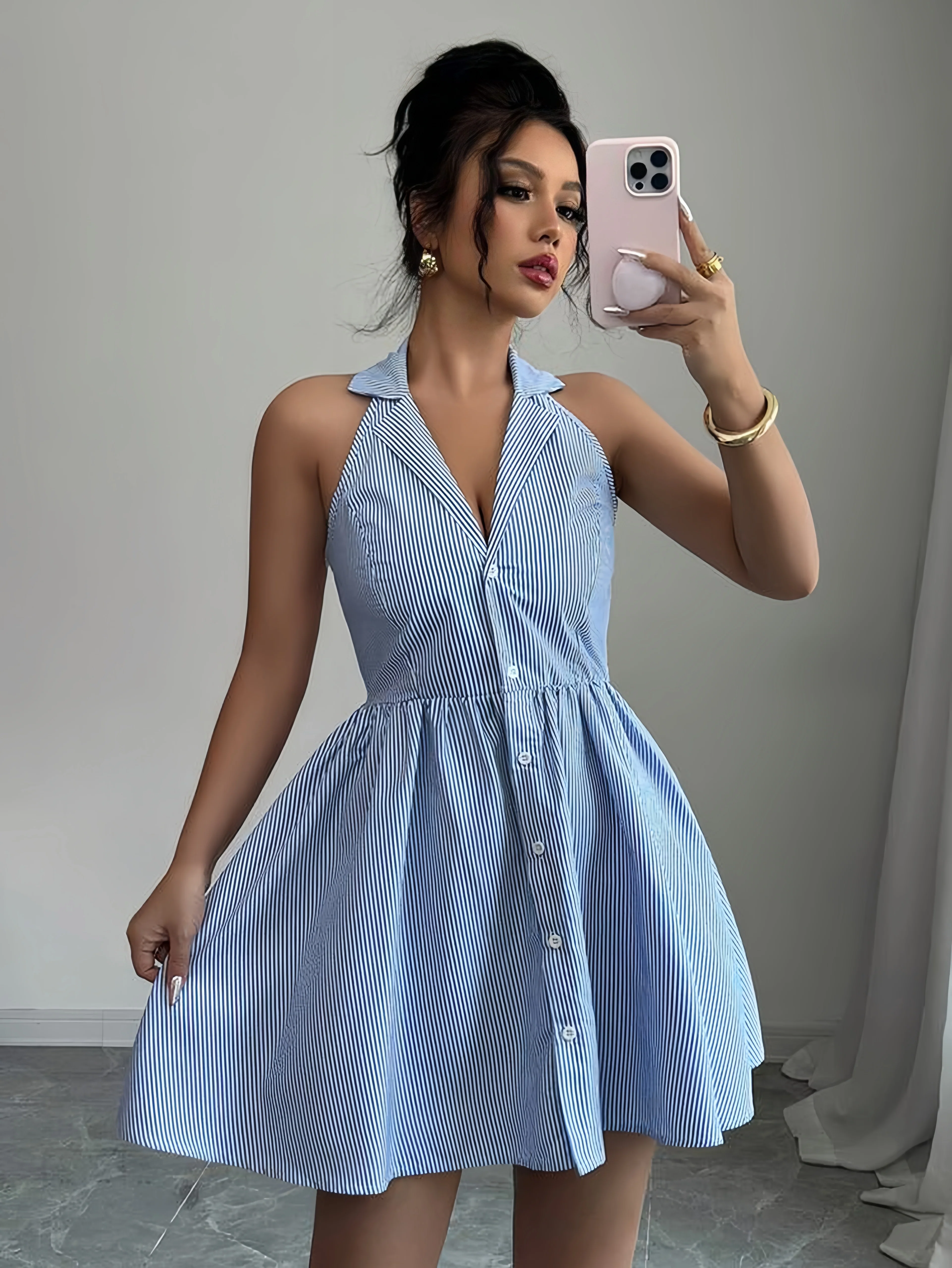 Blue Collared Front Buttoned Dress - Image 5