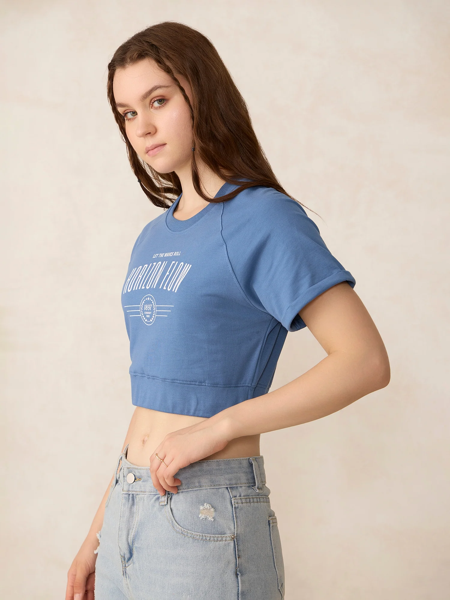 Blue Cropped Raglan Sleeve Sweatshirt - Image 3