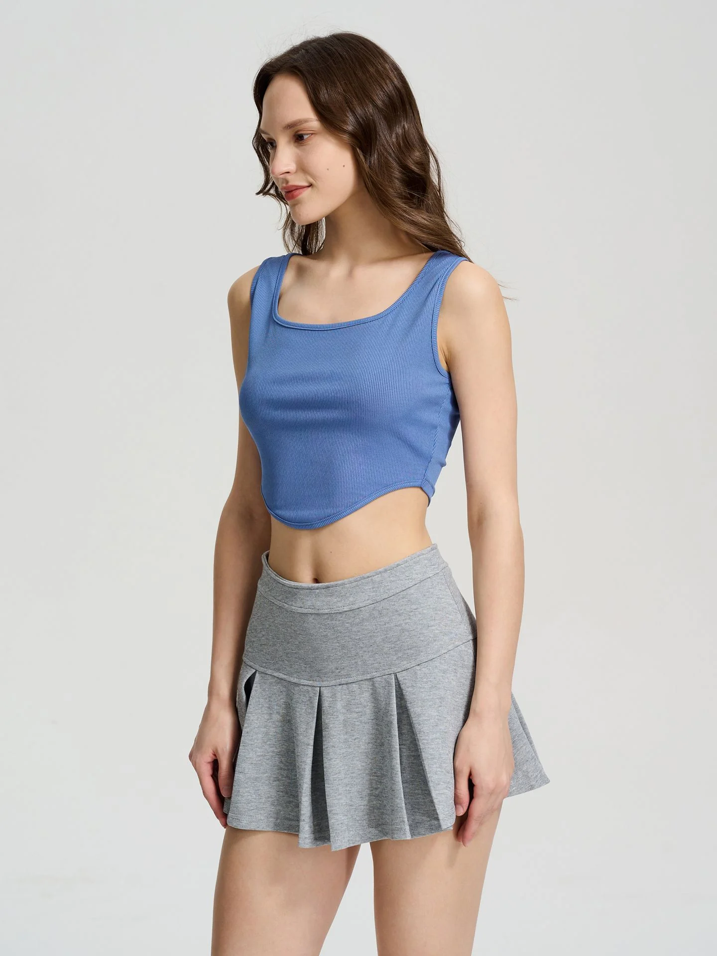 Blue Curved Hem Cropped Top - Image 3