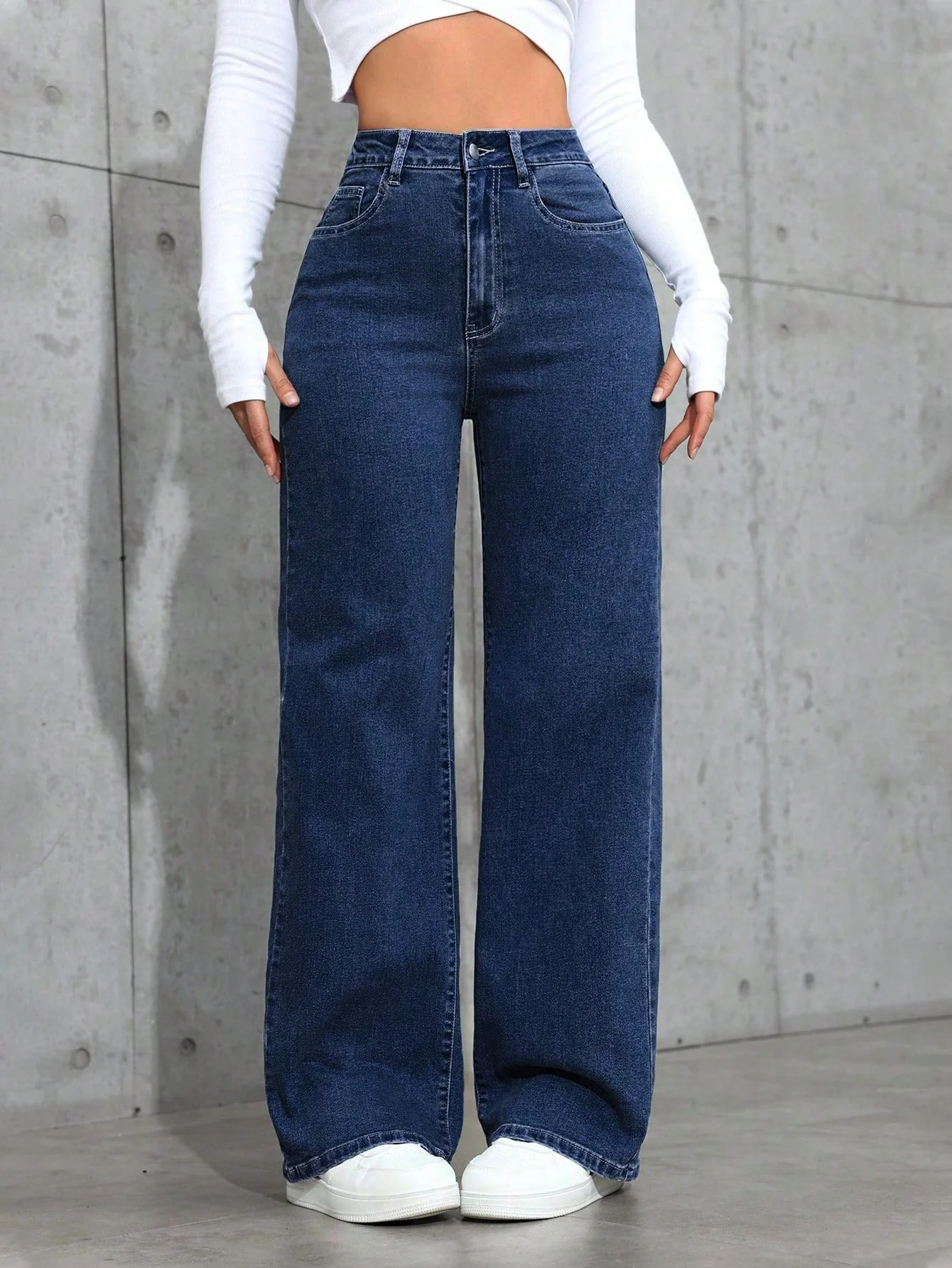 Blue Dark Washed Basic Wide Leg Jeans