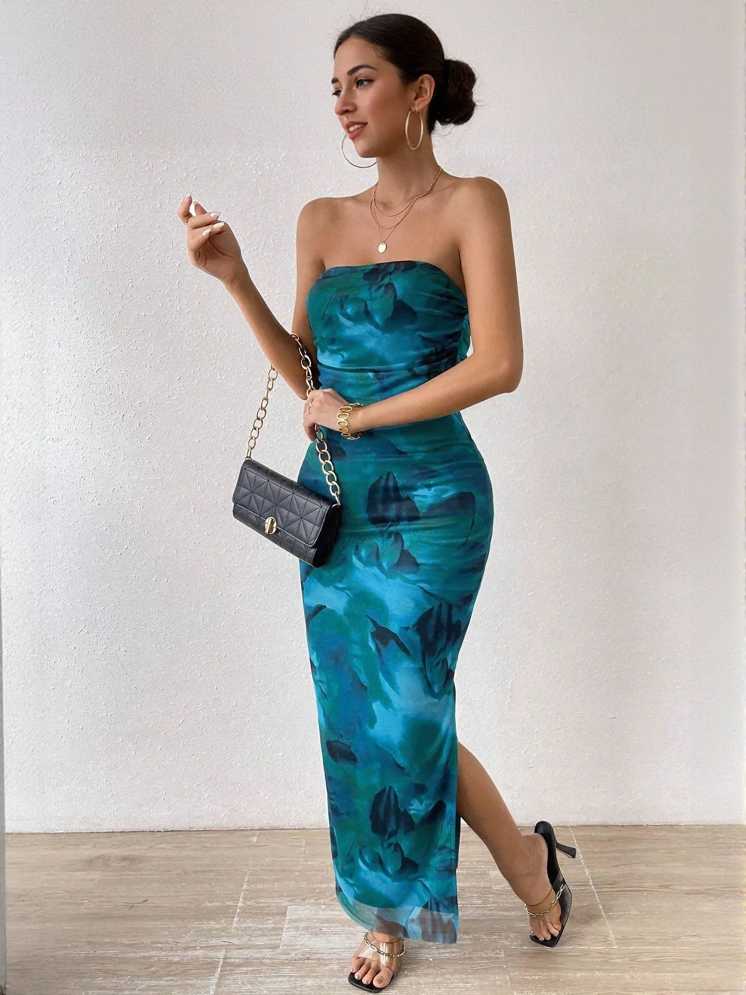Blue Digital Print Mesh Tube Dress - Image 4