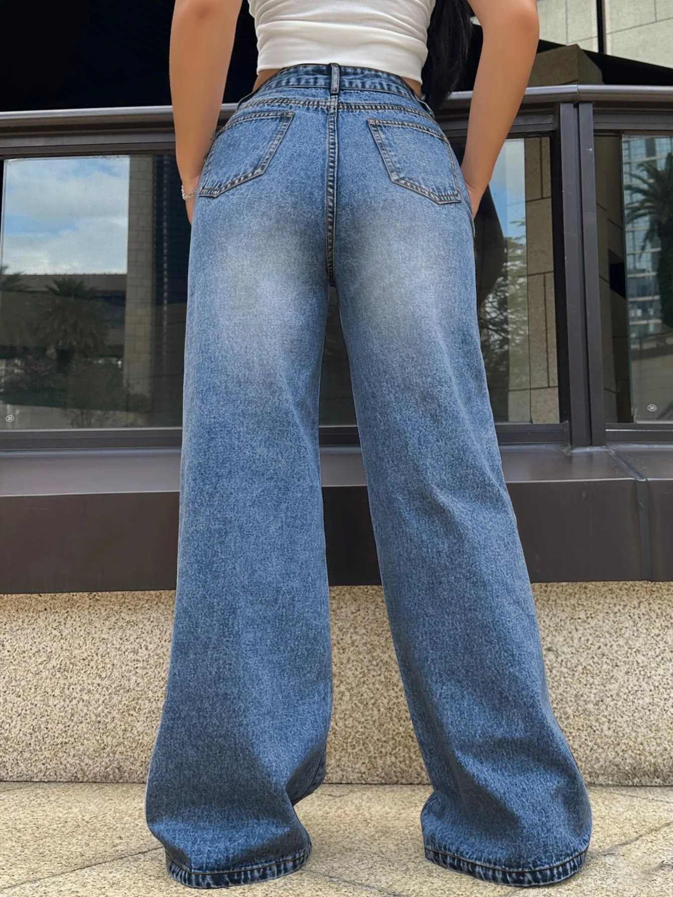Blue Distressed Washed Wide Leg Denim - Image 3