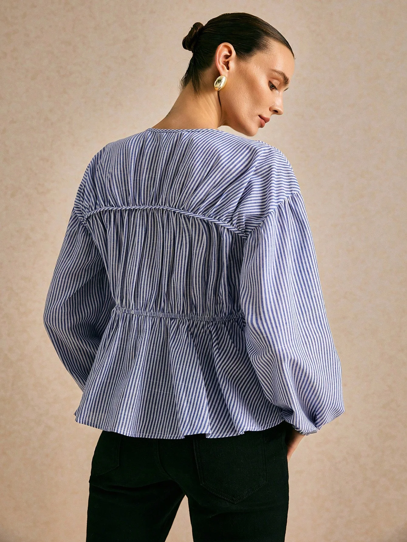 Blue Double Seam Bow Tie Up Blouse - Image 4