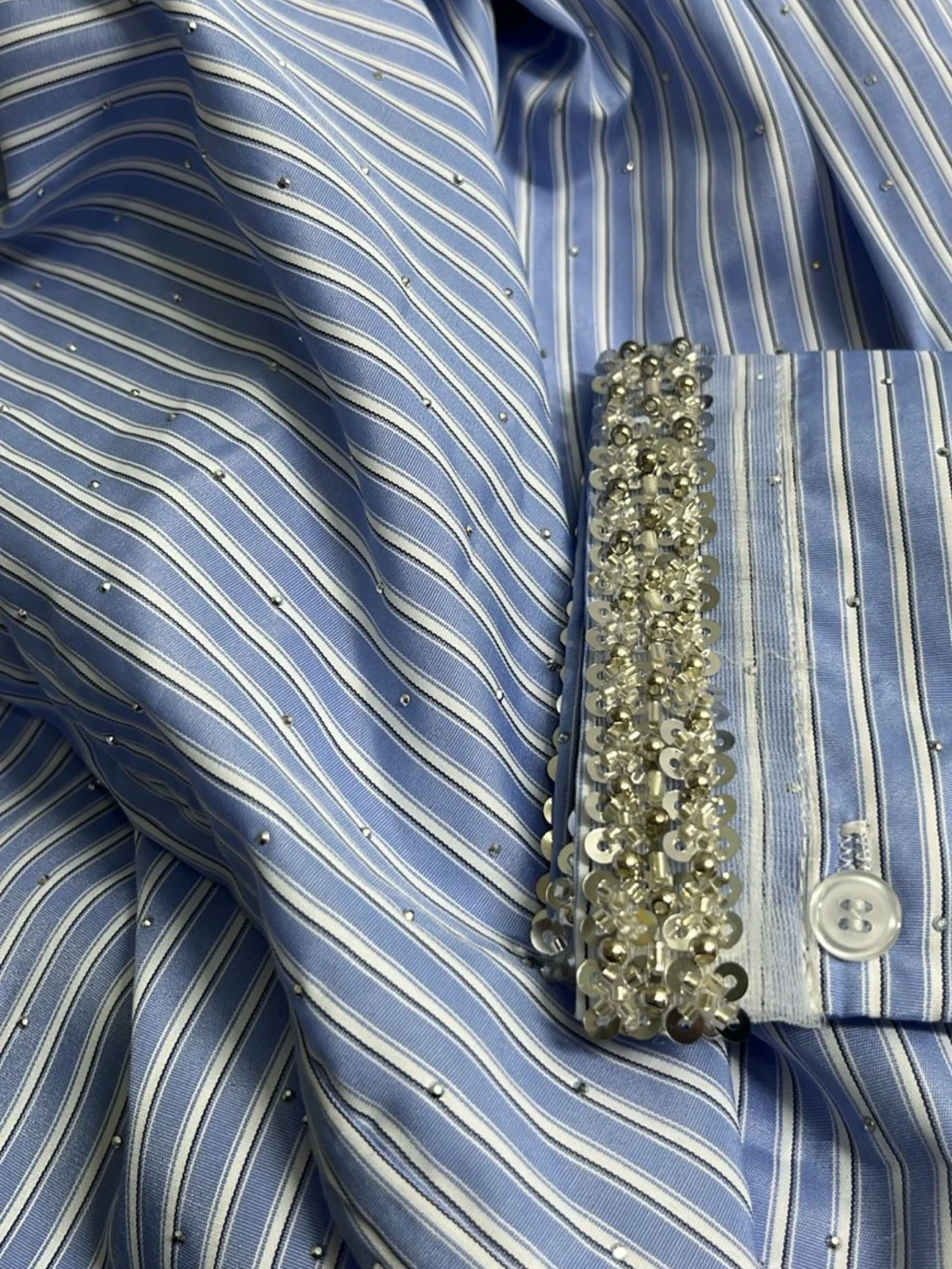Blue Embellished Neckline Striped Shirt - Image 4