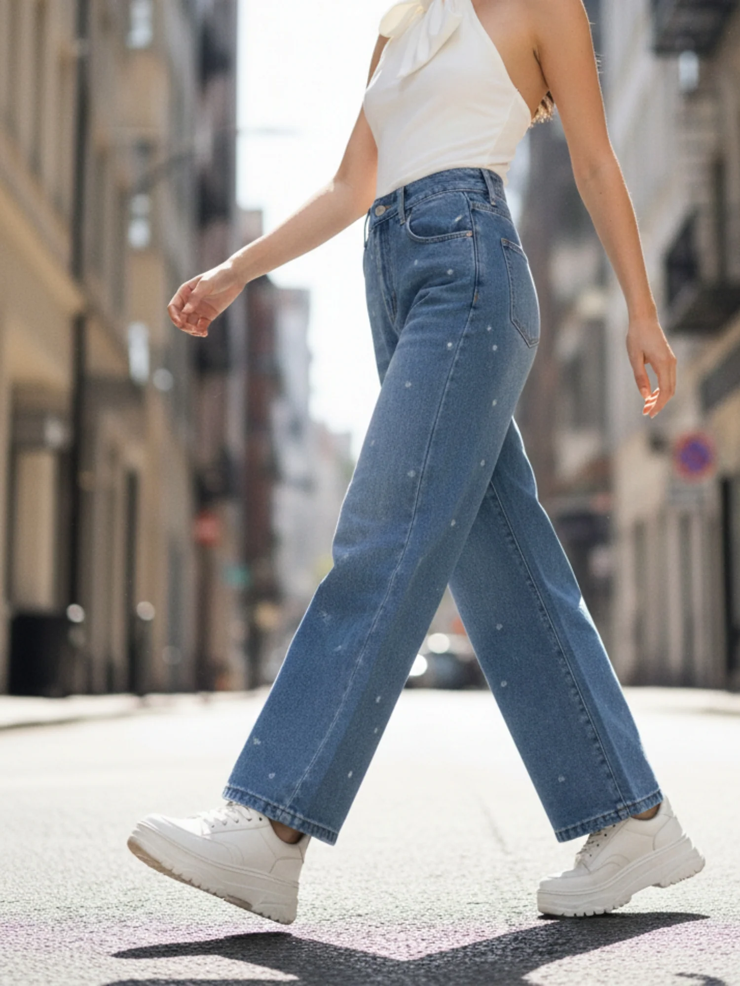 Blue Embellished Wide Leg Denim Jeans - Image 2
