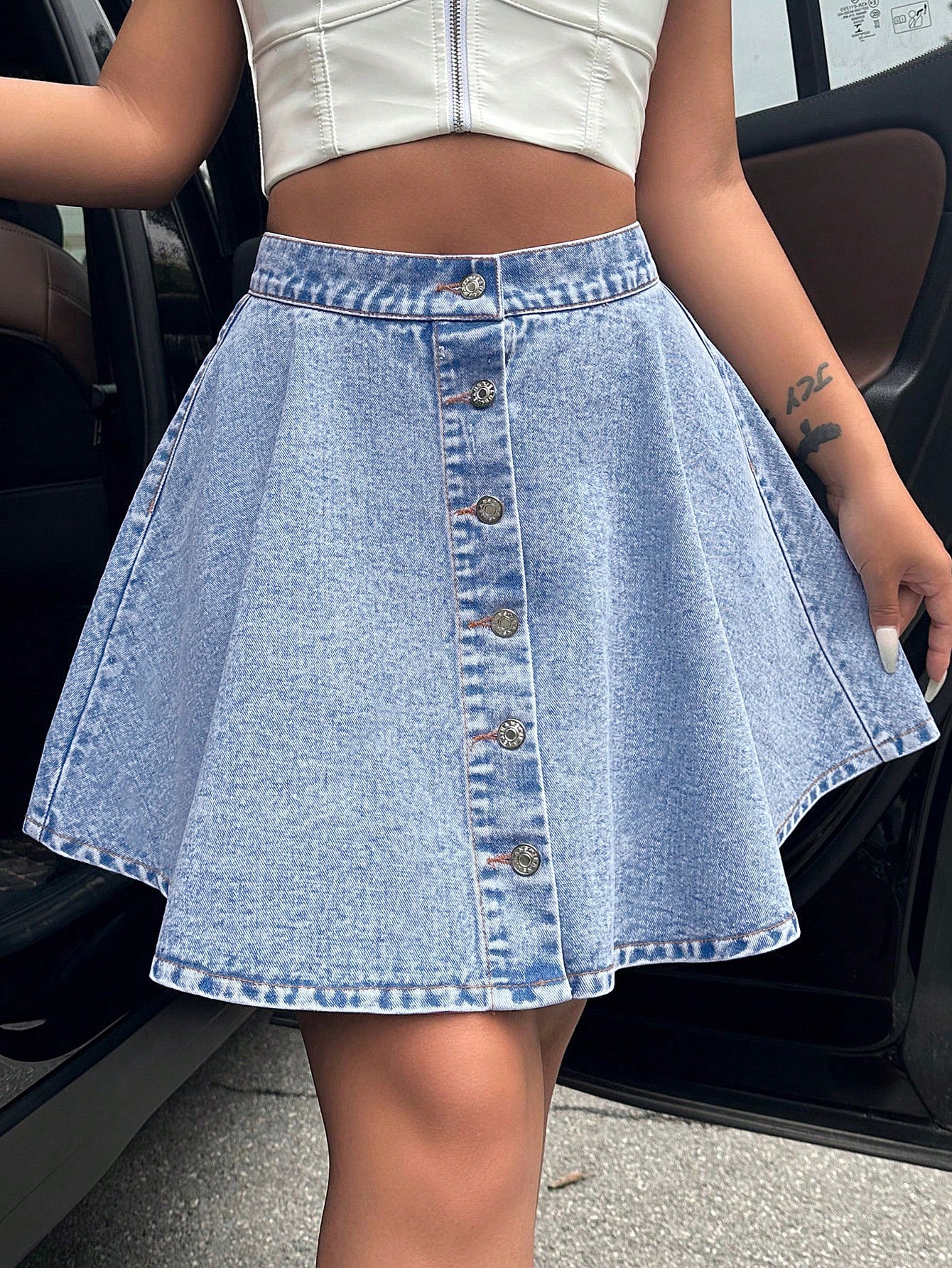 Blue Flared Button Up Denim Skirt