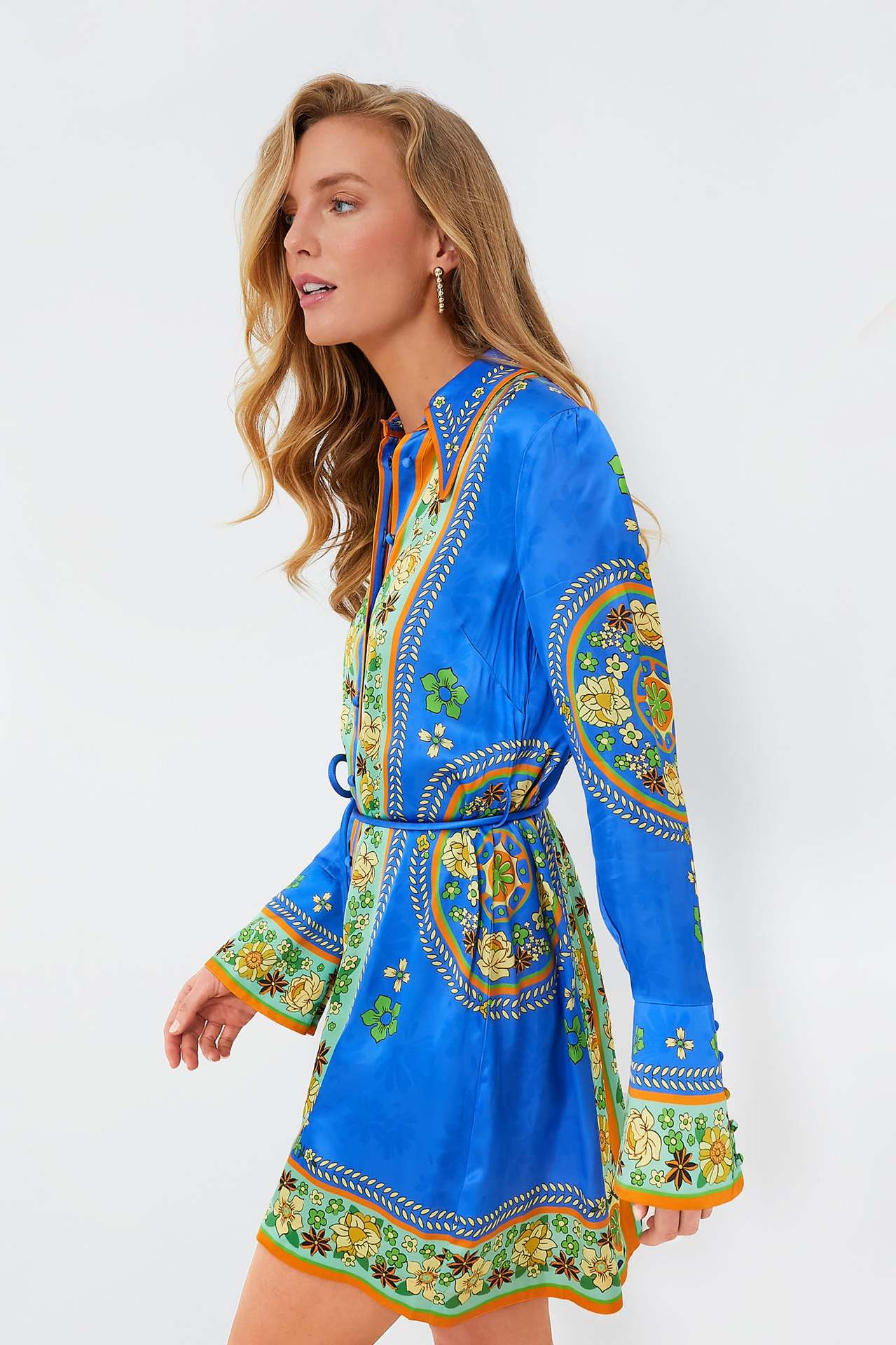 Blue Floral Printed Front Buttoned Shirt Dress - Image 4
