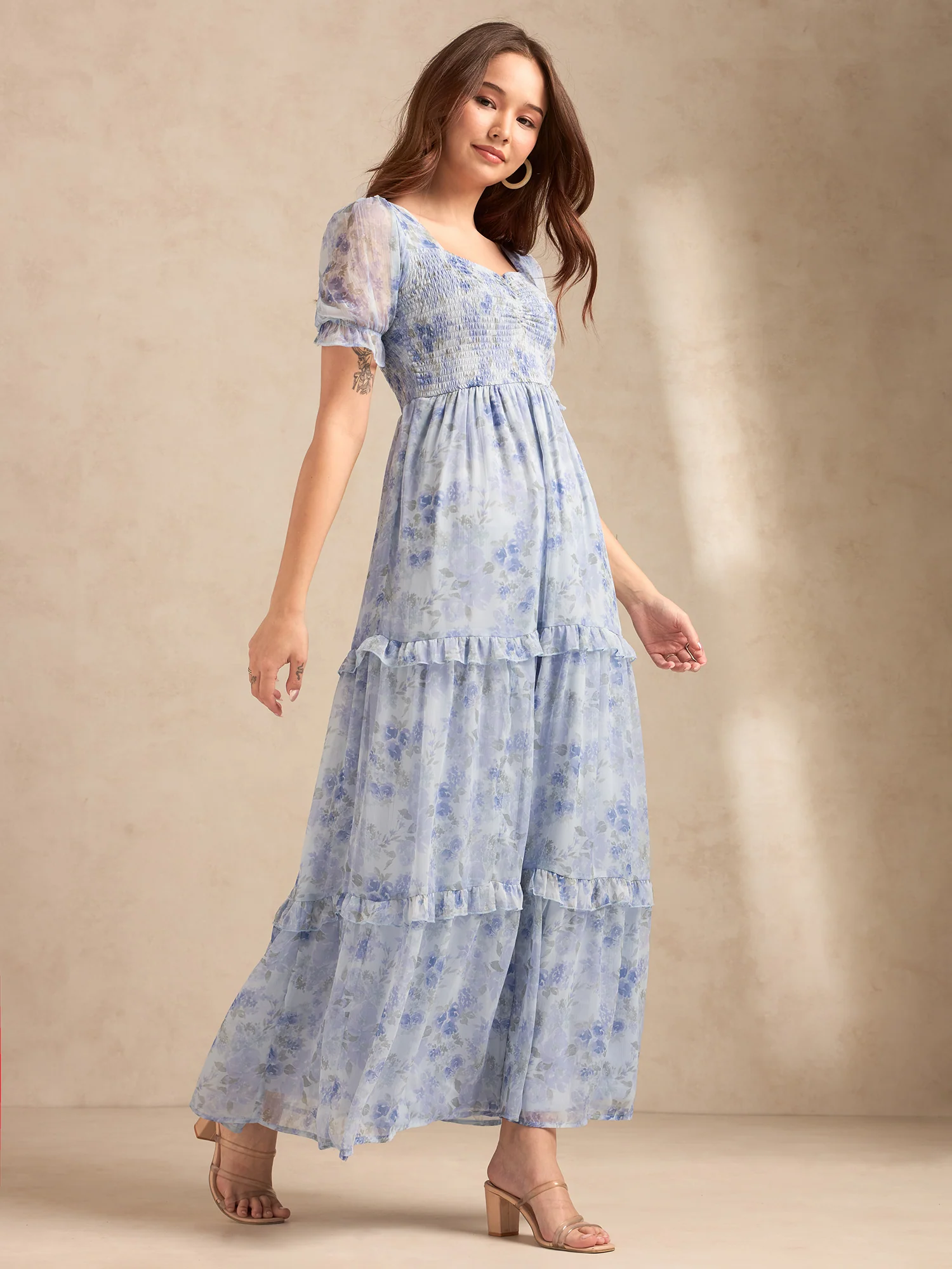 Blue Floral Printed Maxi Dress - Image 2