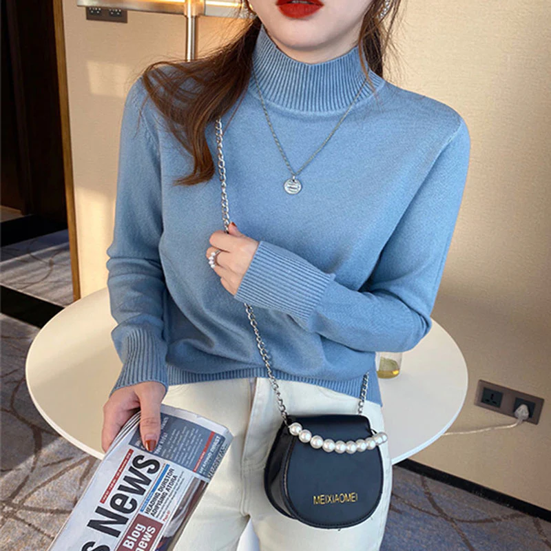 Blue Full Sleeve Mock Neck Fitted Sweater - Image 2