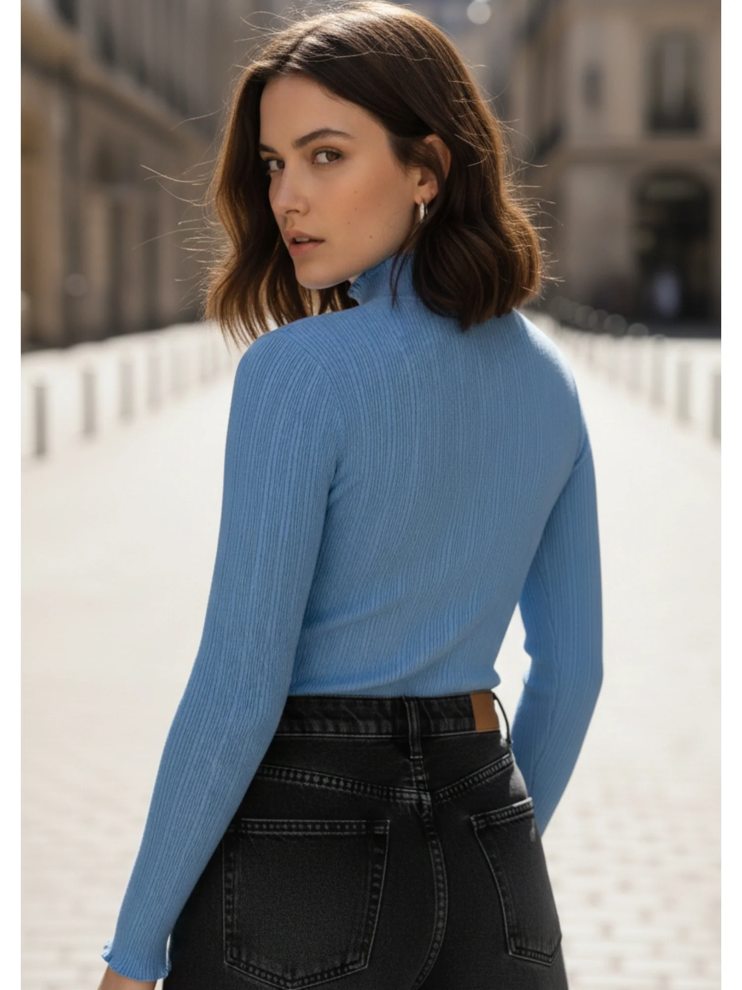 Blue Full Sleeve Mock Neck Fitted Top - Image 2