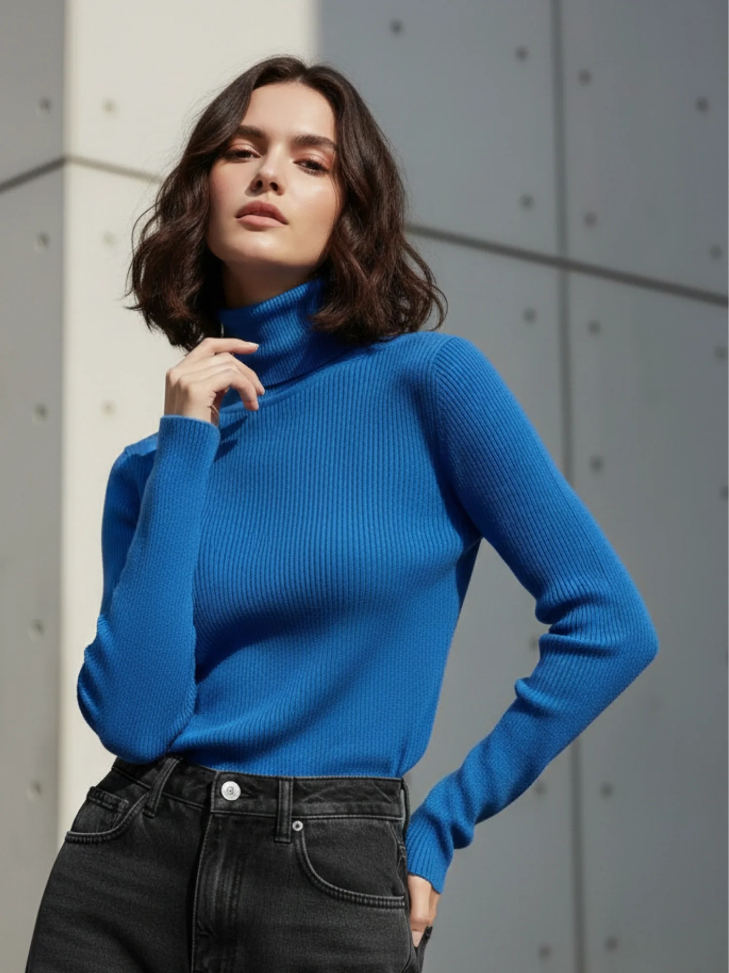 Blue Full Sleeve Mock Neck Sweater