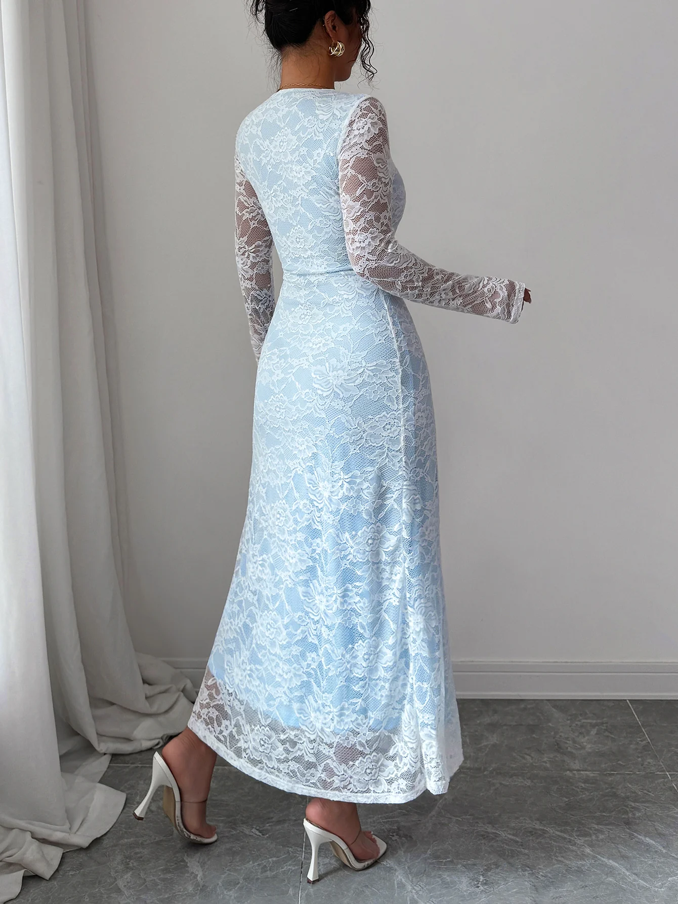 Blue Full Sleeve Square Neck Lace Dress - Image 2