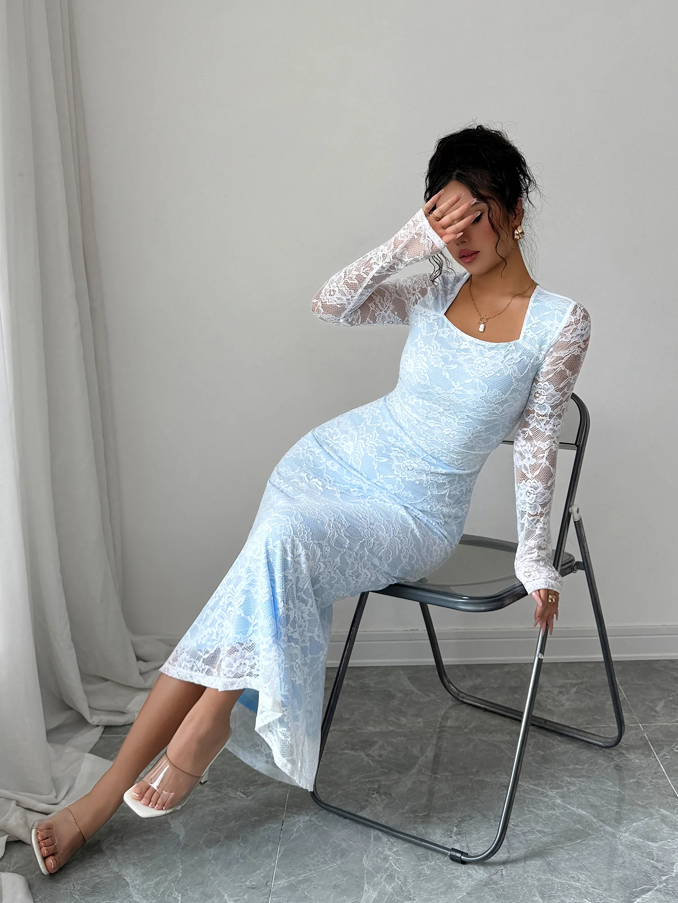 Blue Full Sleeve Square Neck Lace Dress - Image 3