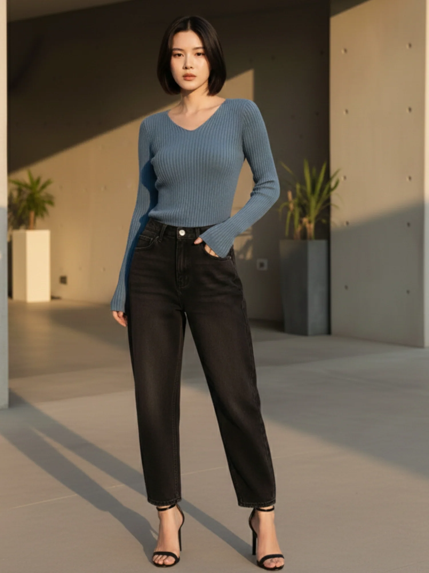 Blue Full Sleeve V Neck Fitted Top - Image 3