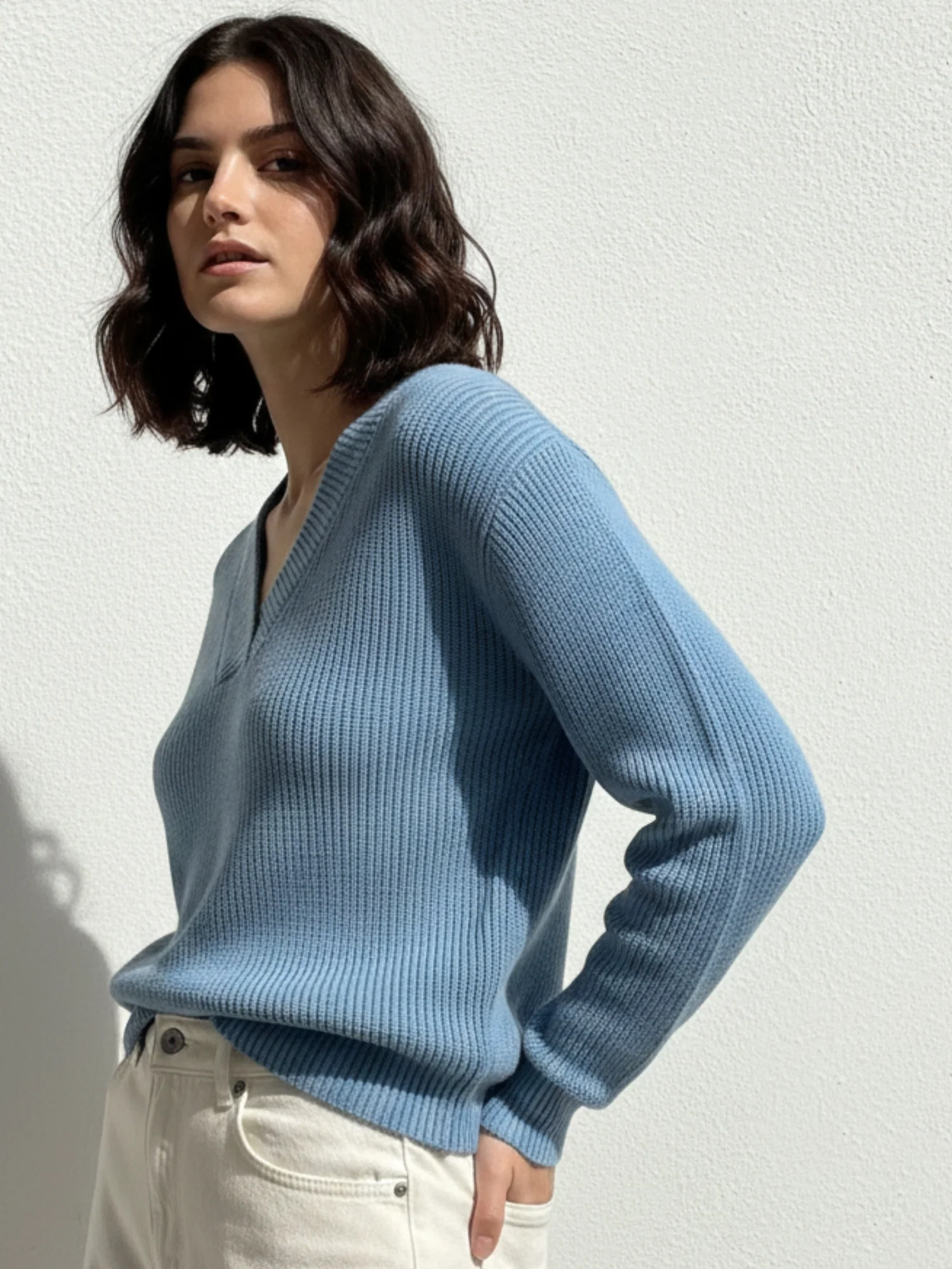 Blue Full Sleeve V Neck Sweater - Image 2