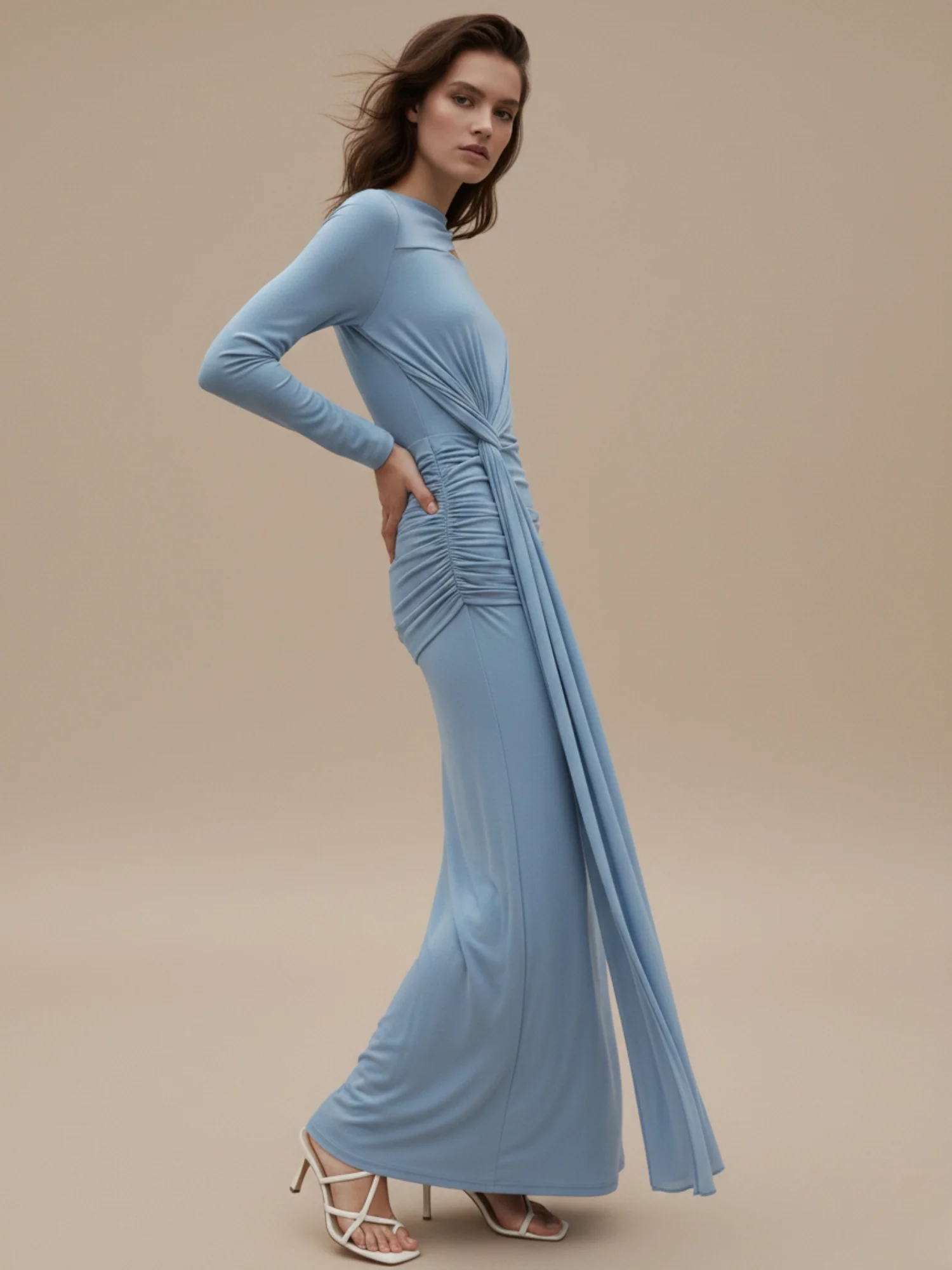 Blue Full Sleeve Waist Tie-Up Neck Detail Dress - Image 2