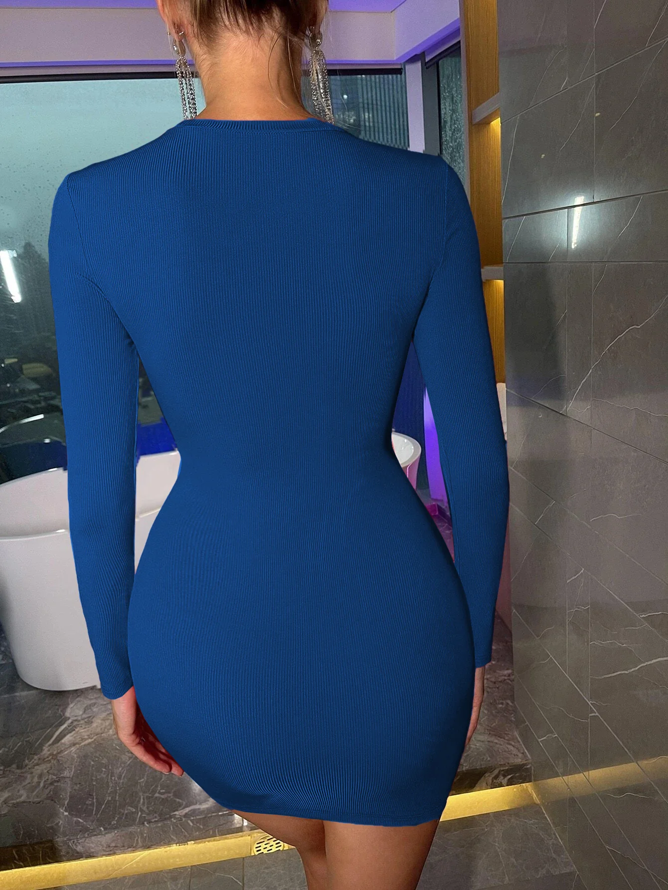 Blue Full Sleeved Cut Out Bodycon Dress - Image 2