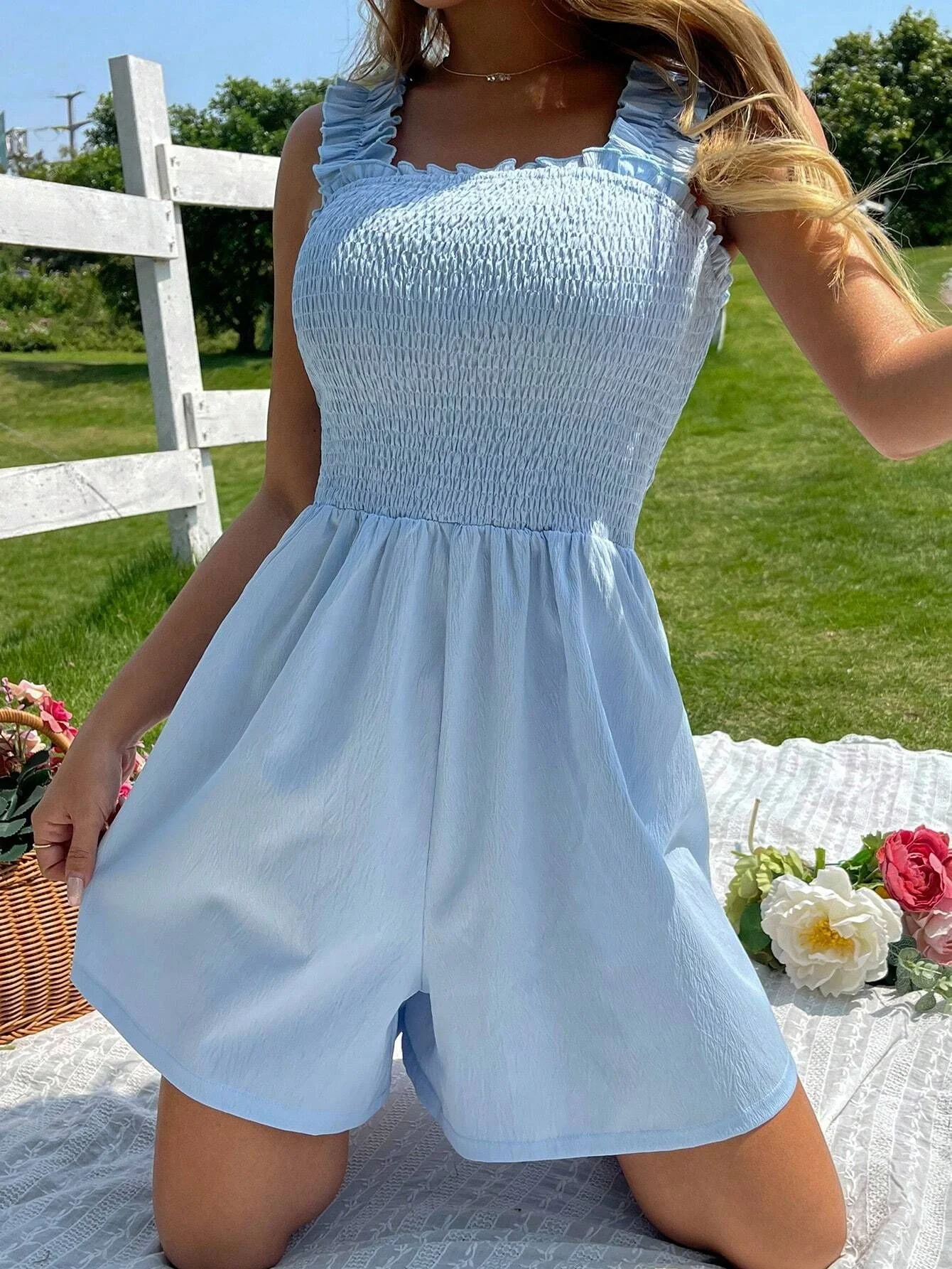 Blue Half Sleeved Smocking Detail Romper - Image 3