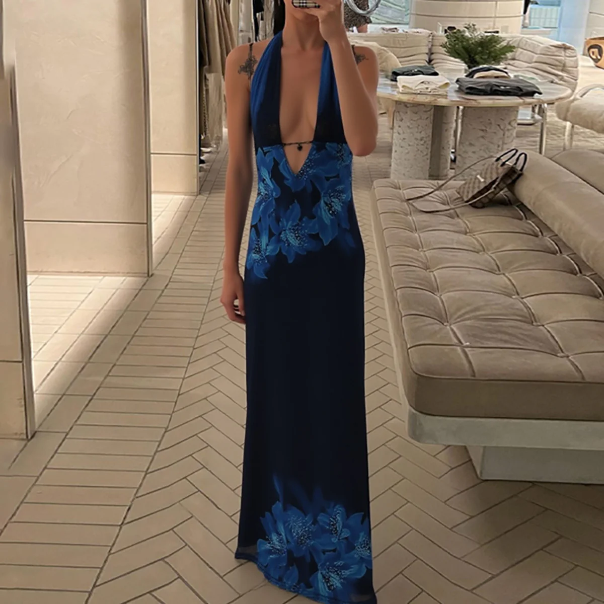 Blue Halter Deep Neck Floral Bodycon Dress - Image 3