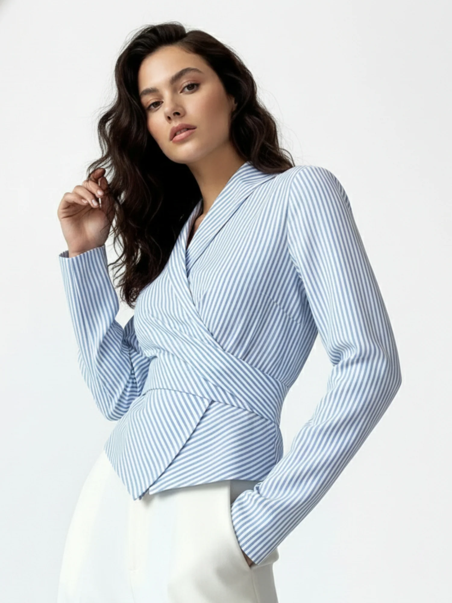 Blue High Collared Wrap Shirt - Image 3