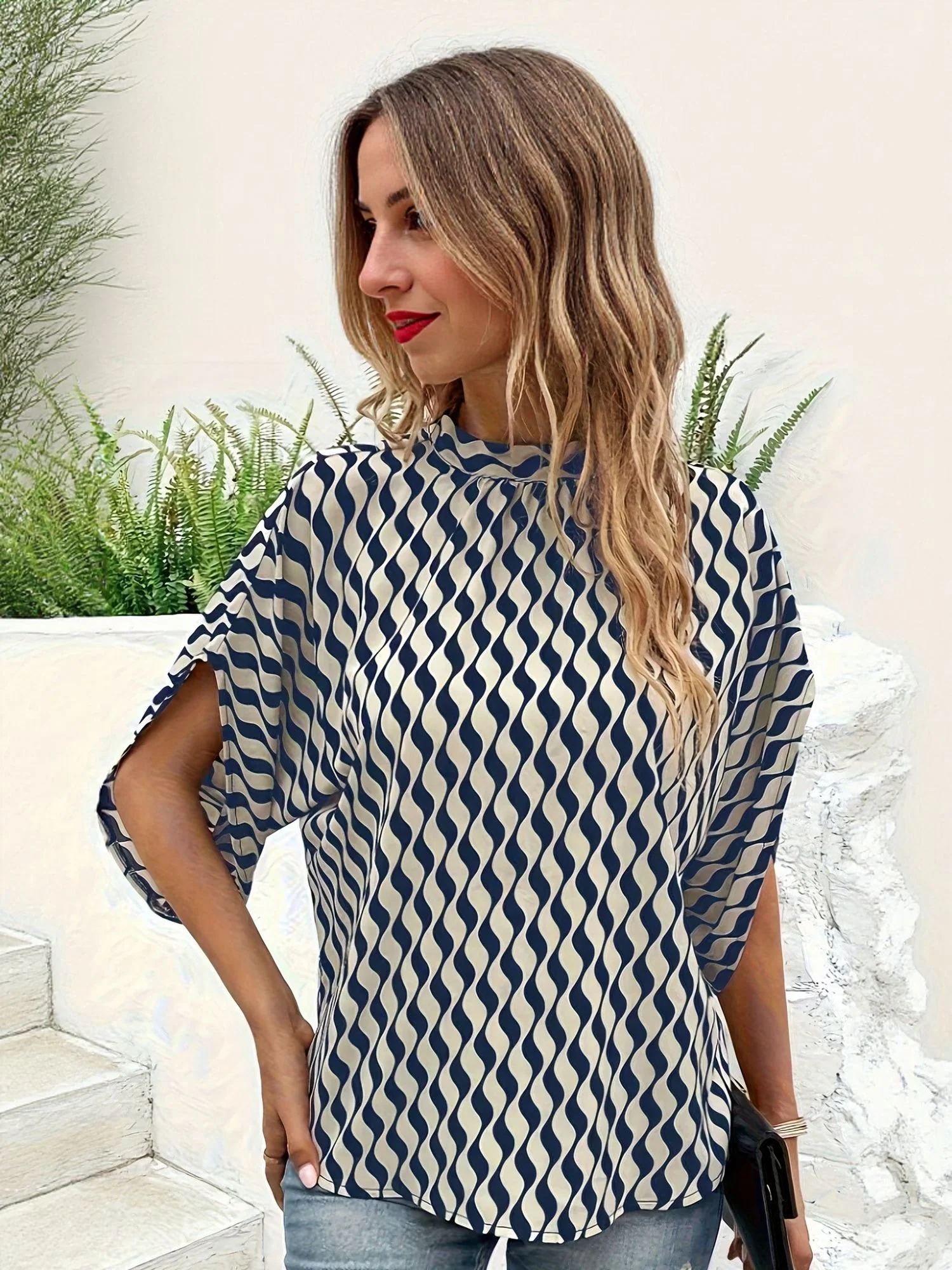 Blue High Neck Blouse With Extended Sleeve Detail