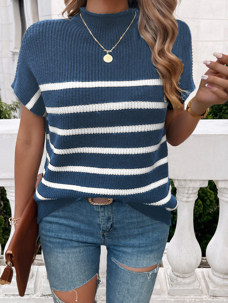 Blue High Neck Striped Top - Image 2