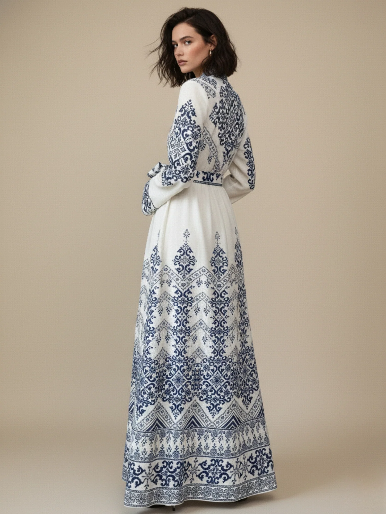 Blue High Neck Printed Dress - Image 2