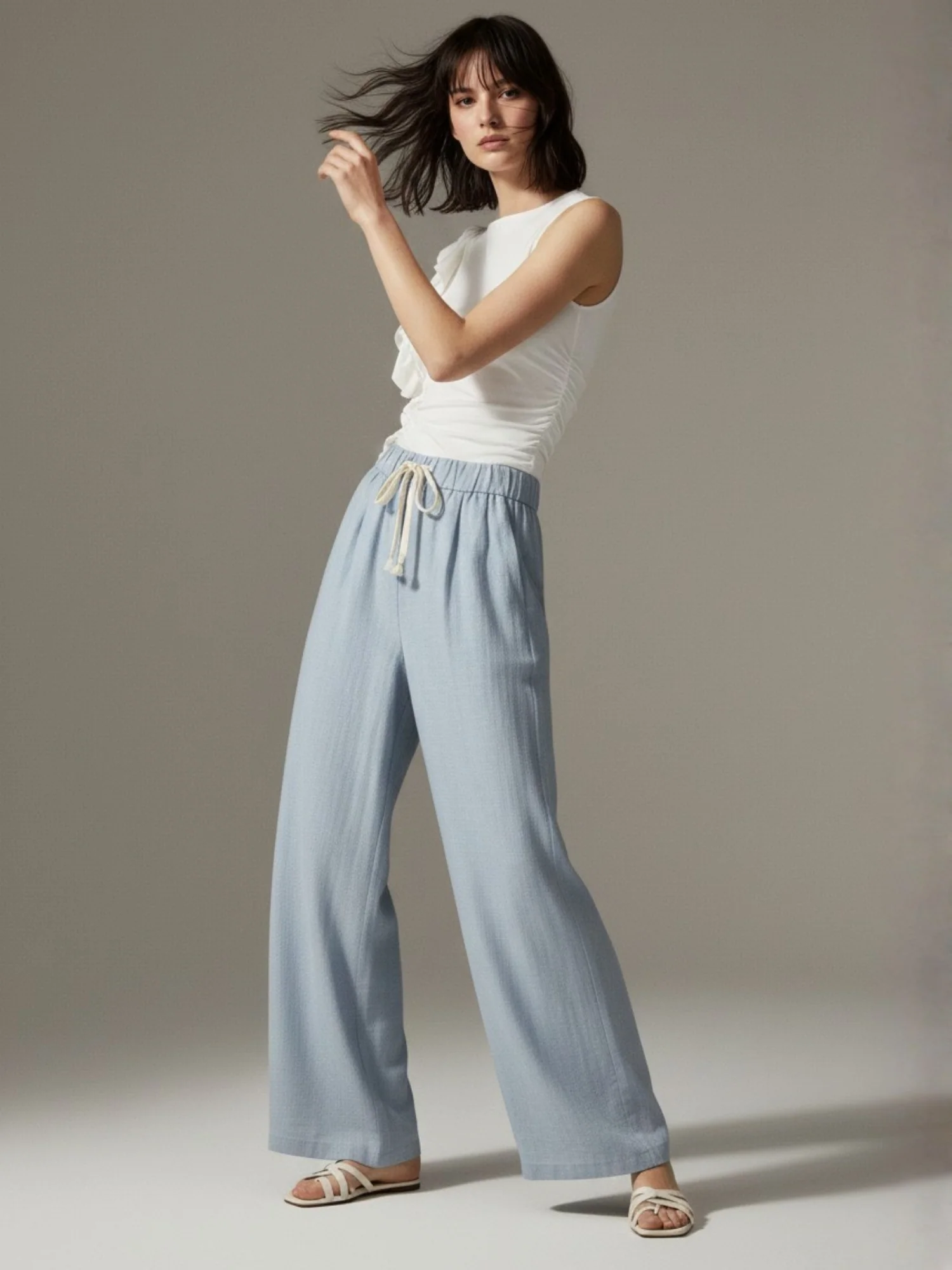 Blue High Waist Drawstring Attached Pleated Pant - Image 3
