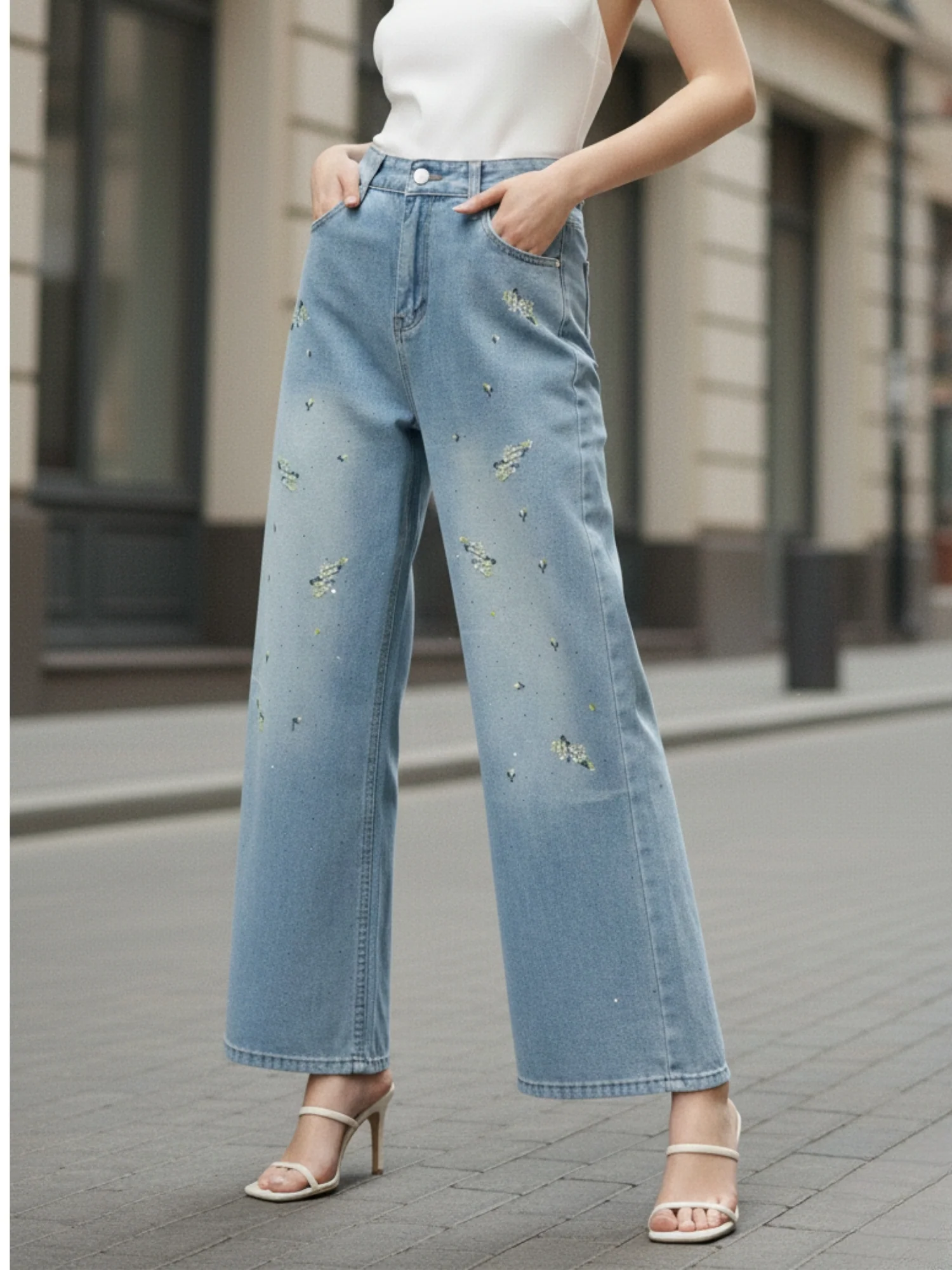Blue High Waist Floral Printed Jeans - Image 4