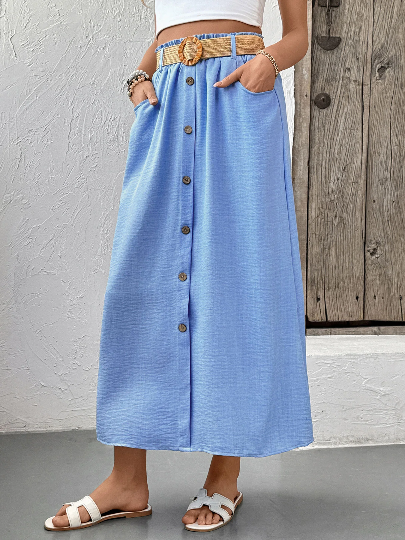 Blue High Waist Front Buttoned Skirt - Image 3