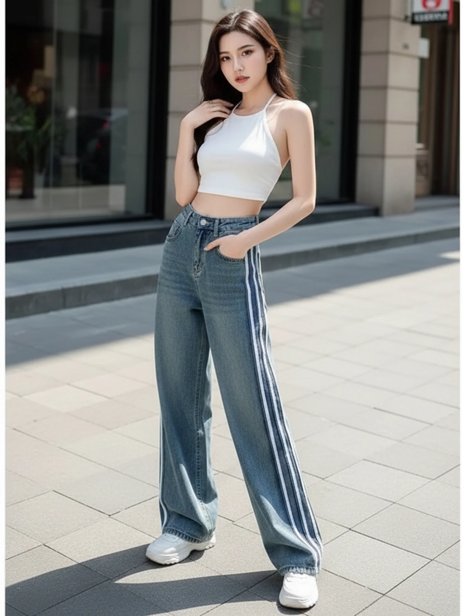 Blue High Waist Side Frayed Jeans - Image 3