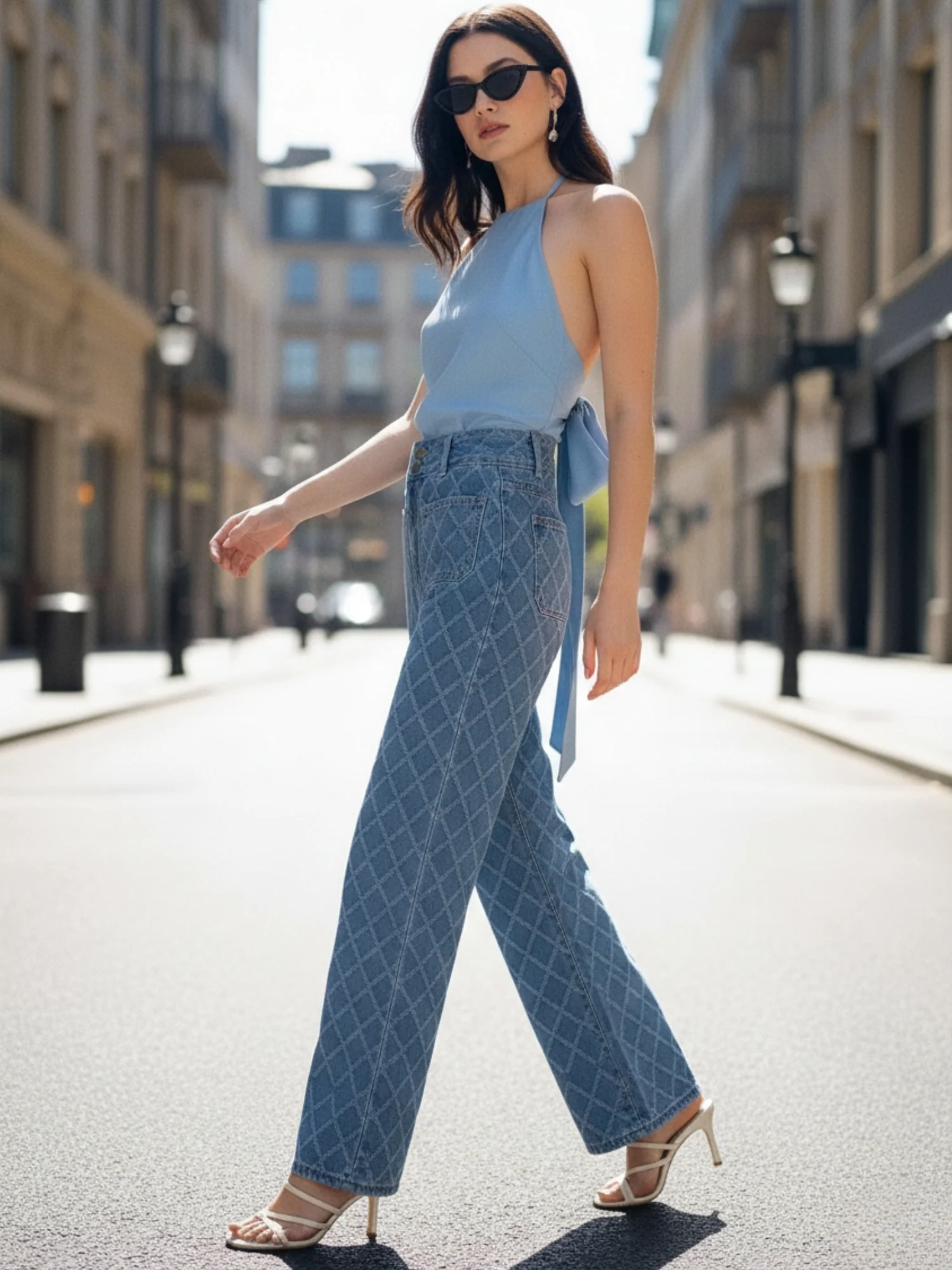 Blue High Waist Textured Jeans - Image 2