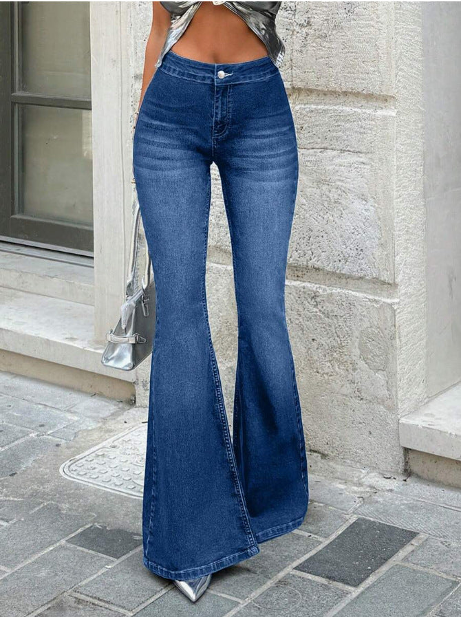 Blue High Waist Washed Flared Denim