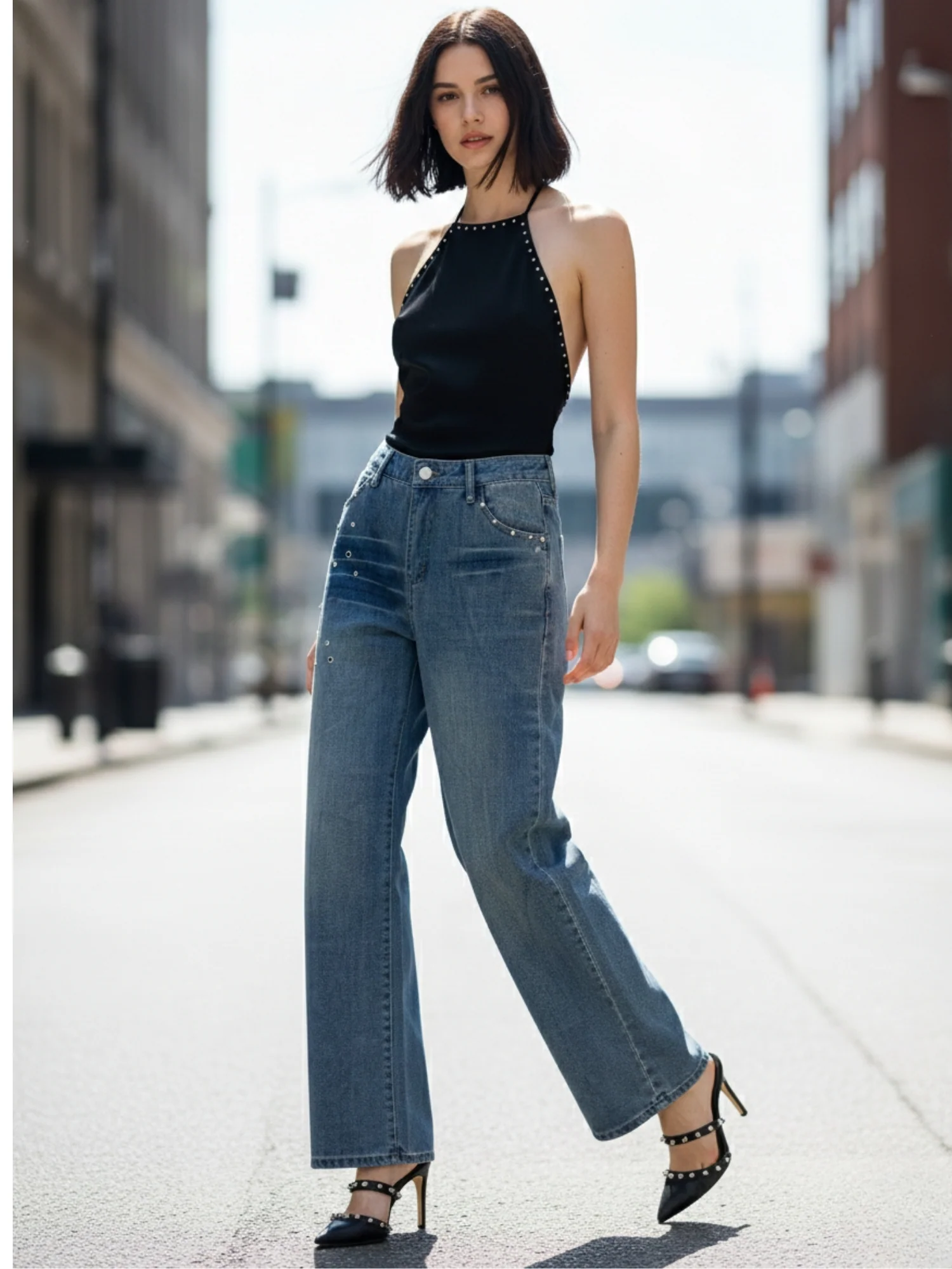 Blue High Waist Wide Leg Jeans - Image 2