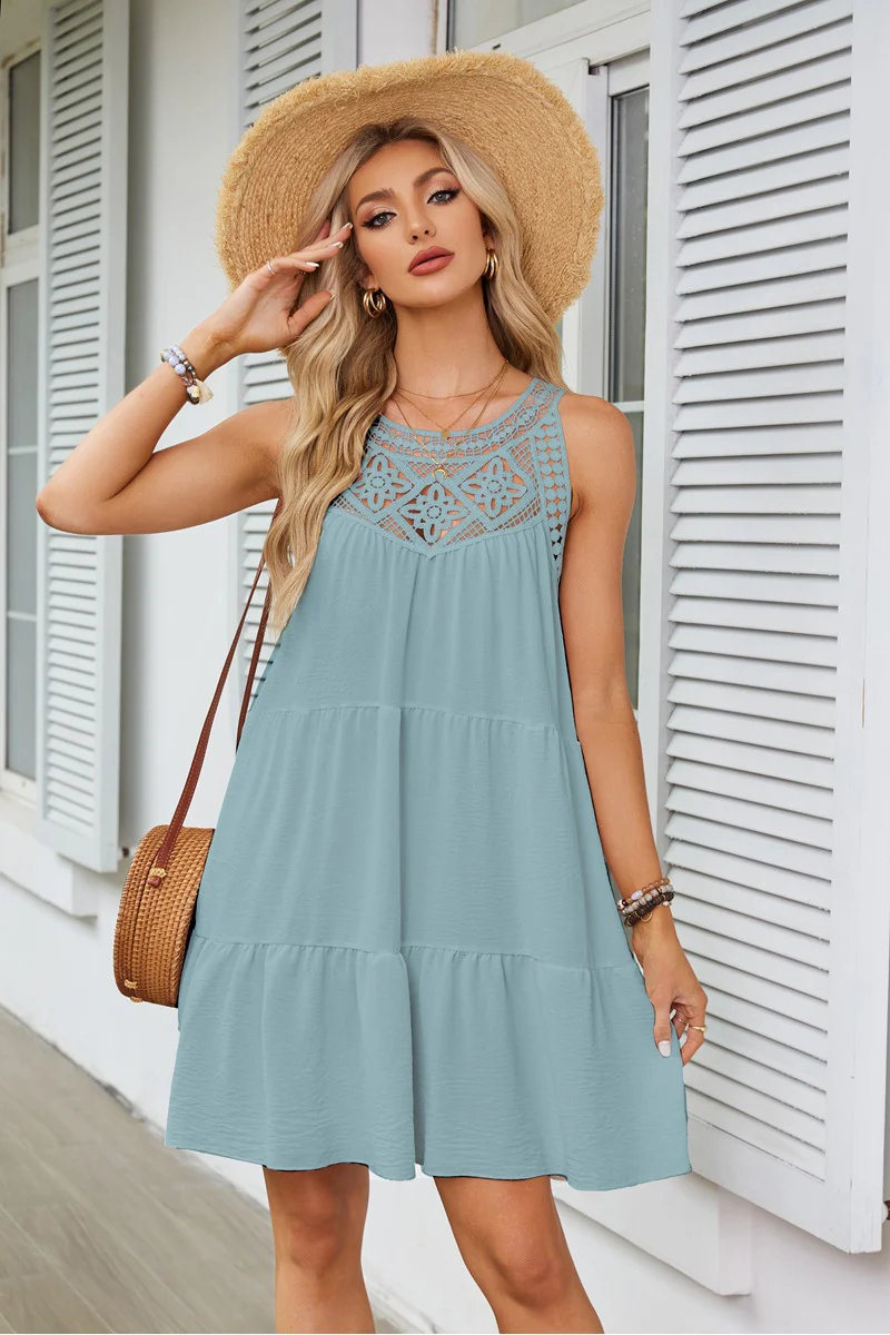 Blue Lace Inserts Tiered Mini Dress - Image 3