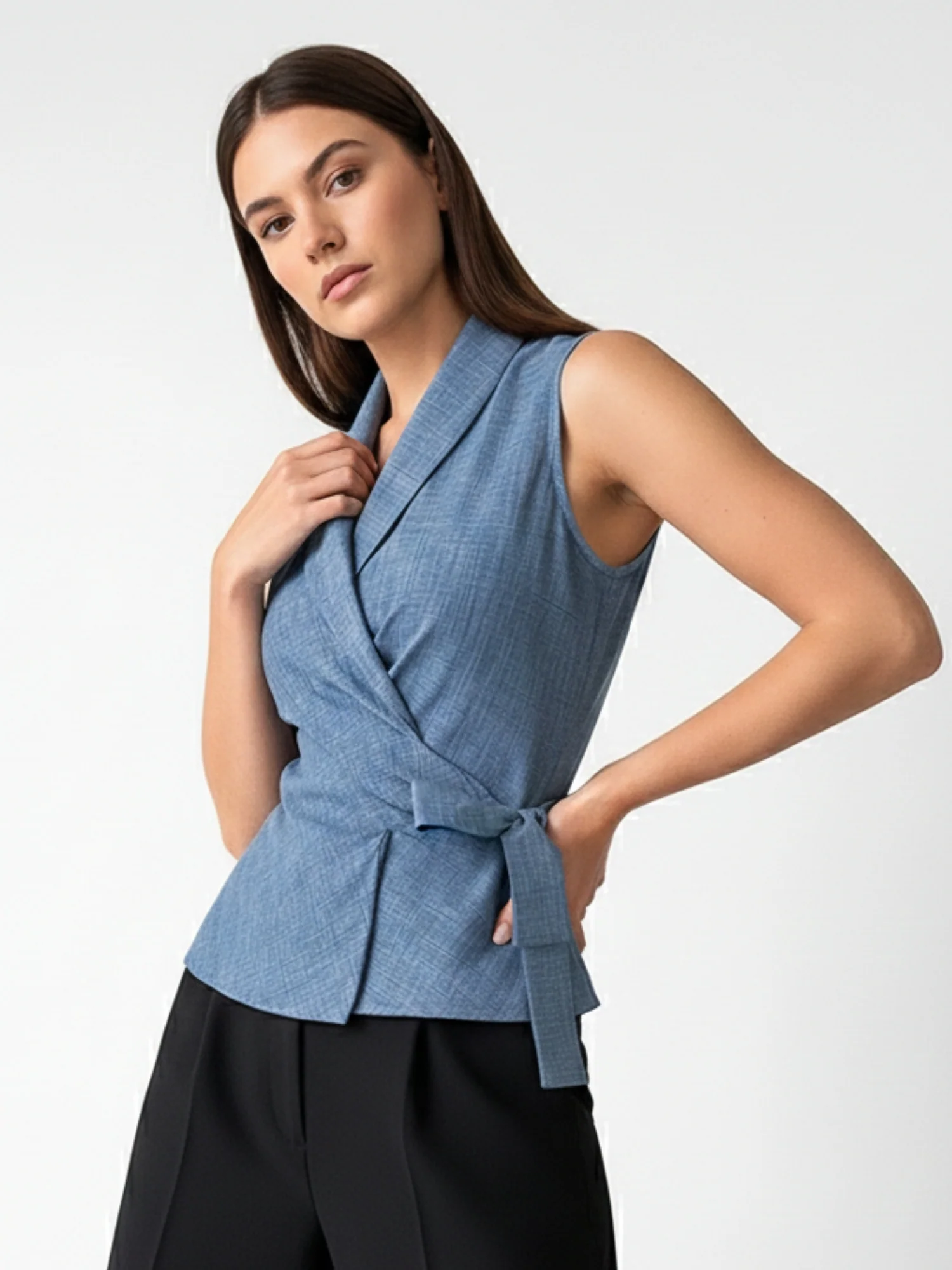 Blue Lapel Collar Wrap Top With Side Tie Detail - Image 2