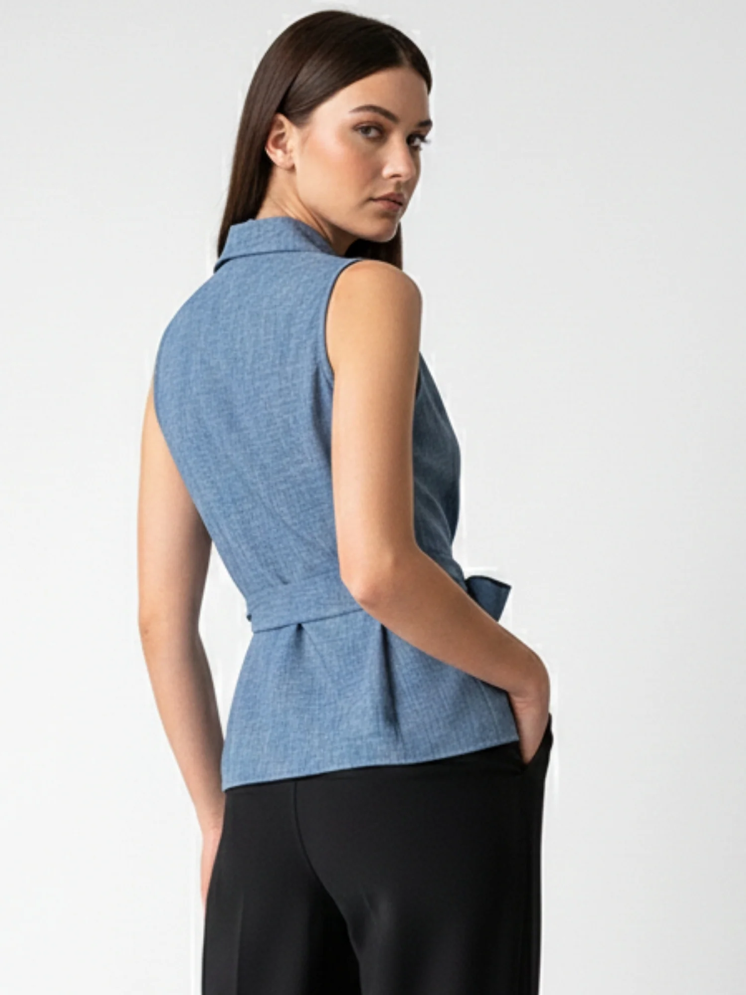 Blue Lapel Collar Wrap Top With Side Tie Detail - Image 4