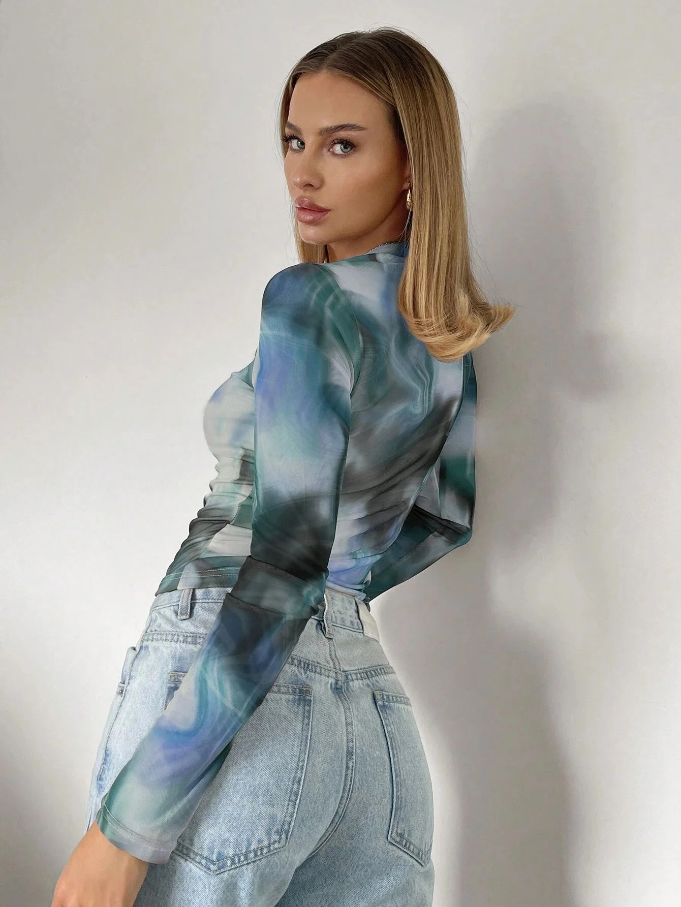 Blue Marble Print Full Sleeve Semi Sheer Top - Image 2