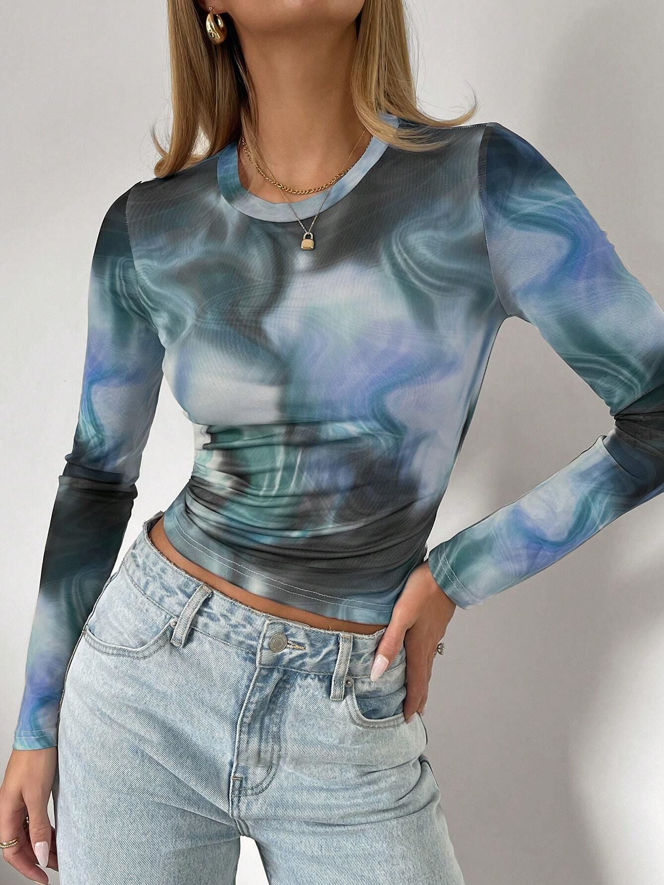 Blue Marble Print Full Sleeve Semi Sheer Top - Image 3