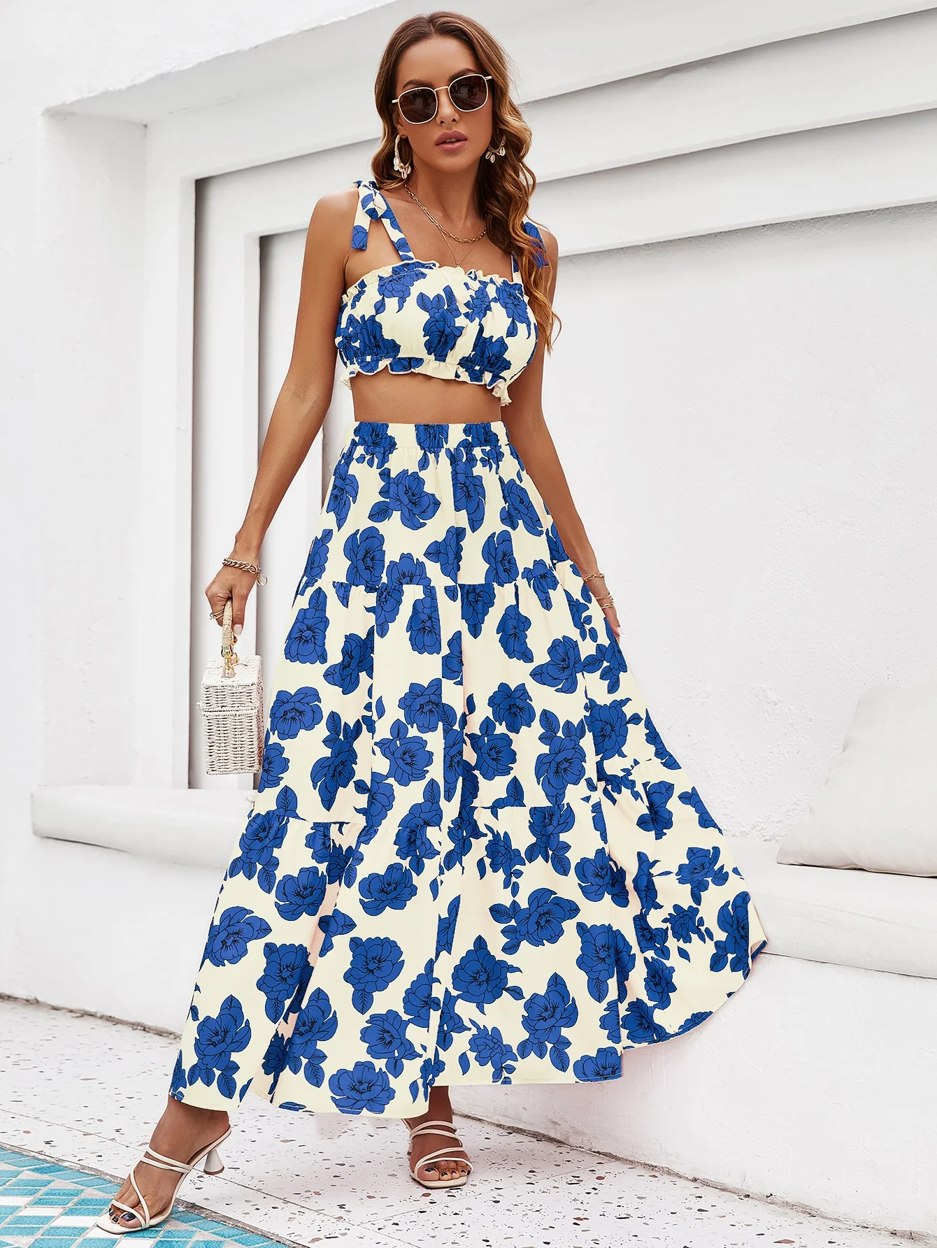 Blue Off Shoulder Crop Top Flared Skirt