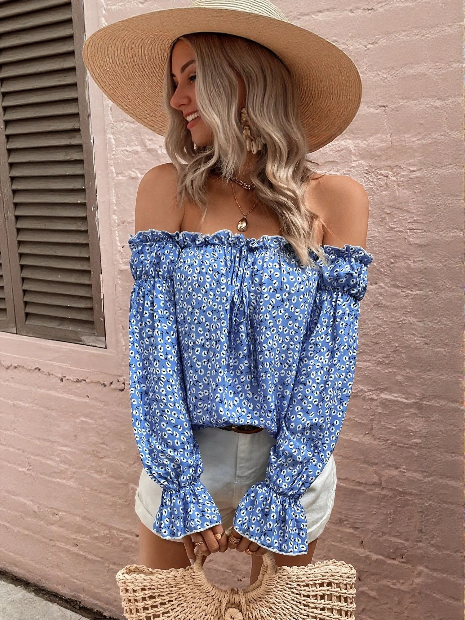 Blue Off Shoulder Ruffle Sleeves - Image 2