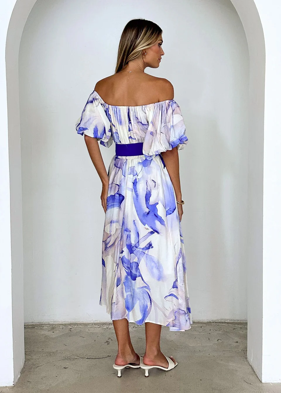 Blue Off Shoulder Waist Tie-Up Dress - Image 2