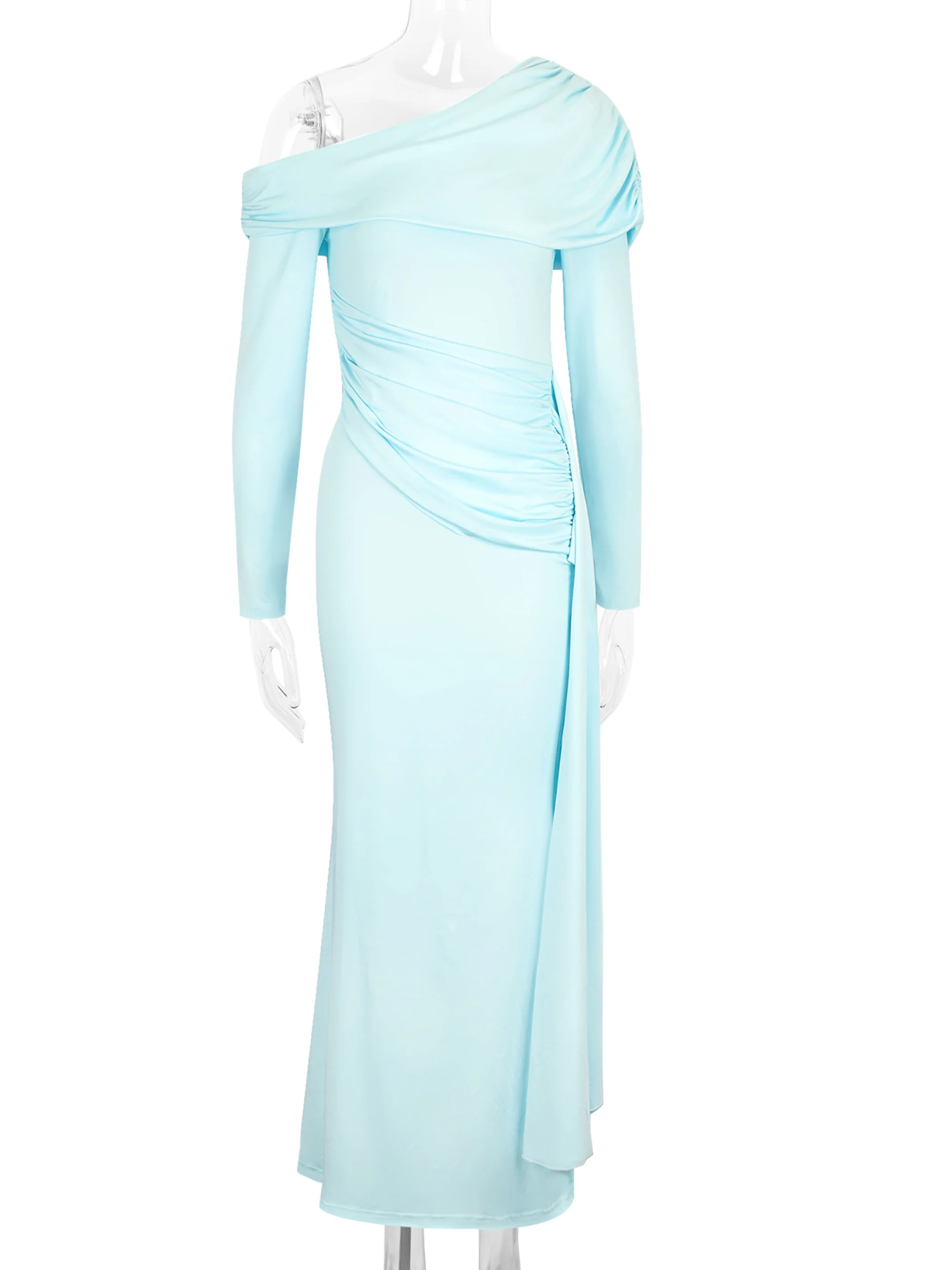 Blue One shoulder cowl neck side wrap dress - Image 5