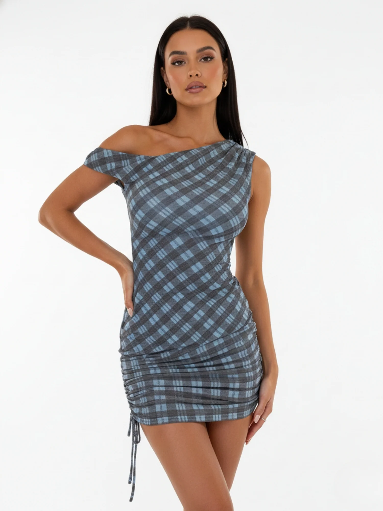 Blue One Shoulder Side Ruched Checkered Dress - Image 3