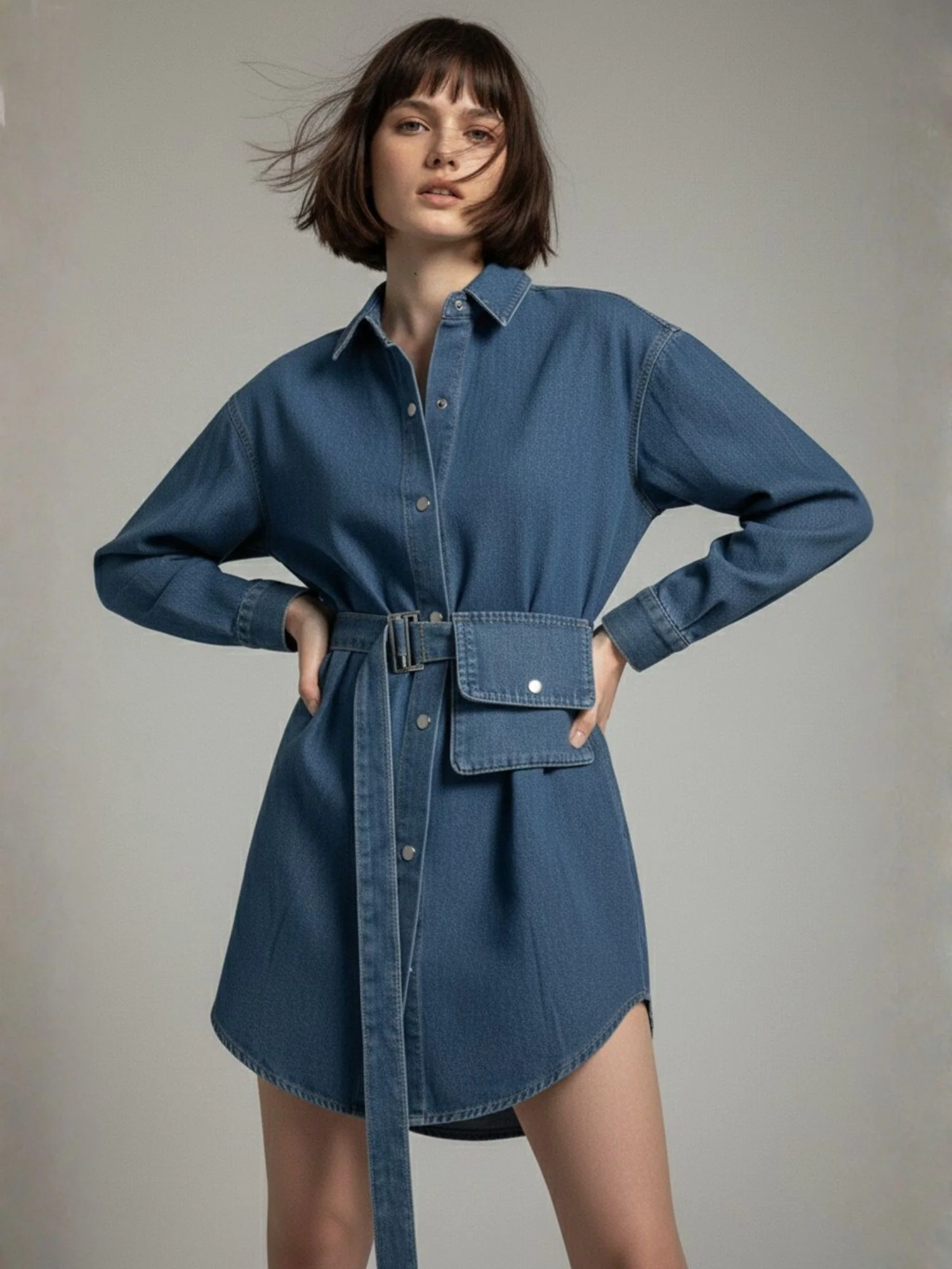 Blue Denim Dress With Belt Pocket