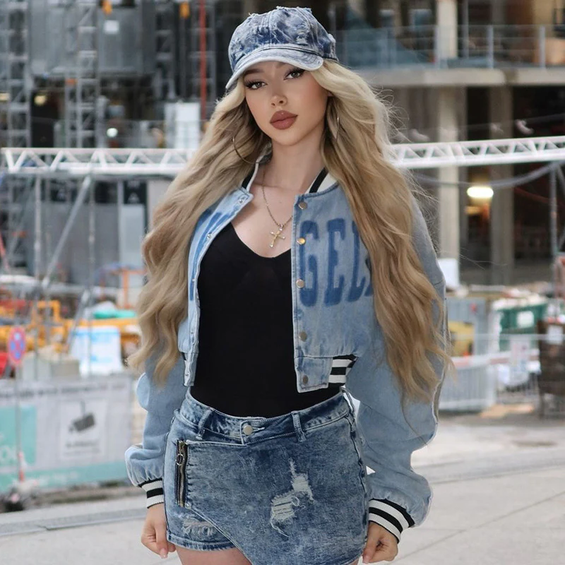 Blue Printed Button Crop Jacket - Image 3