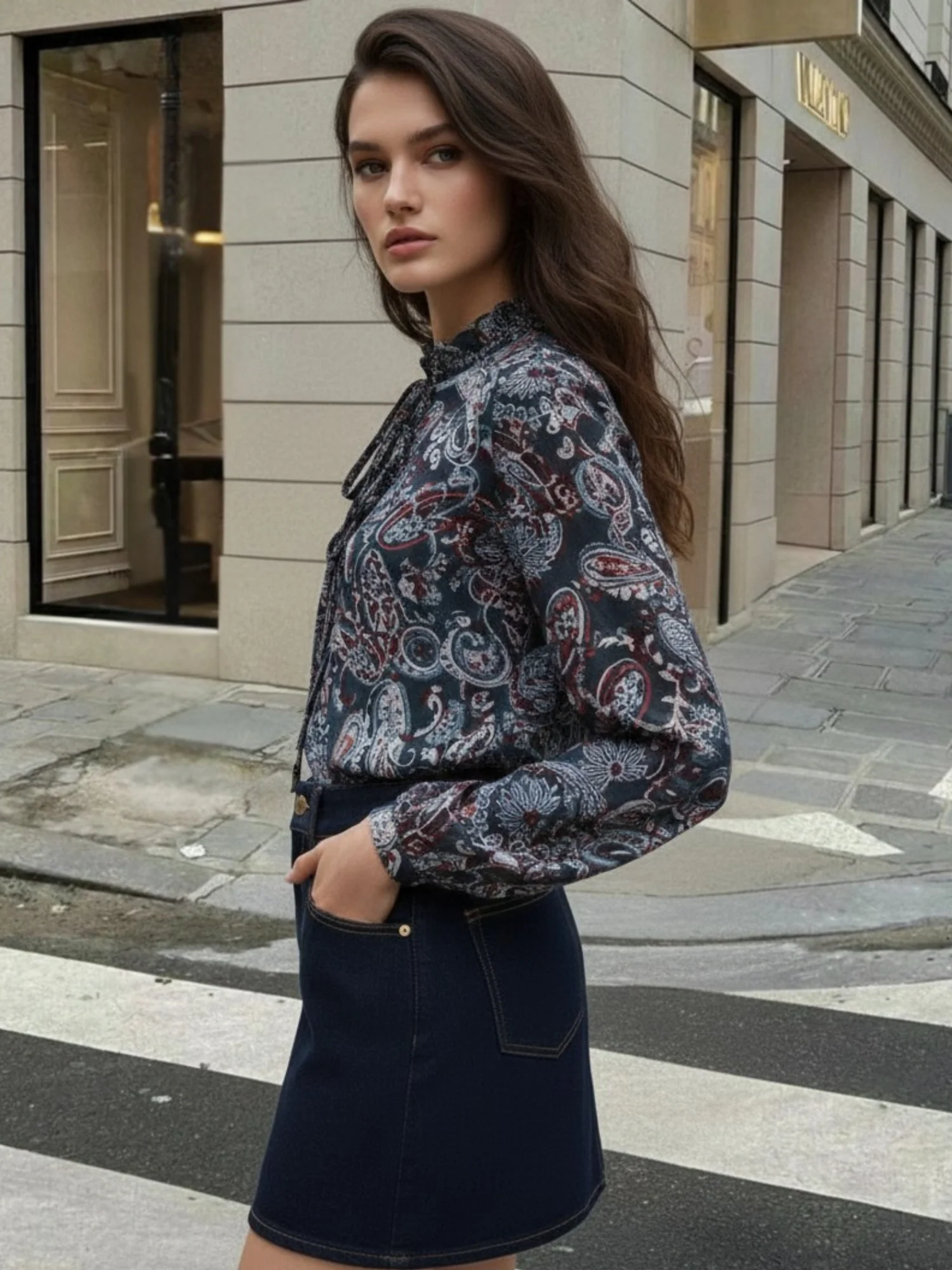 Blue Printed  Full Sleeves Top With Button Details - Image 2